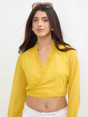 Women Yellow Frill Detail Wrap Top