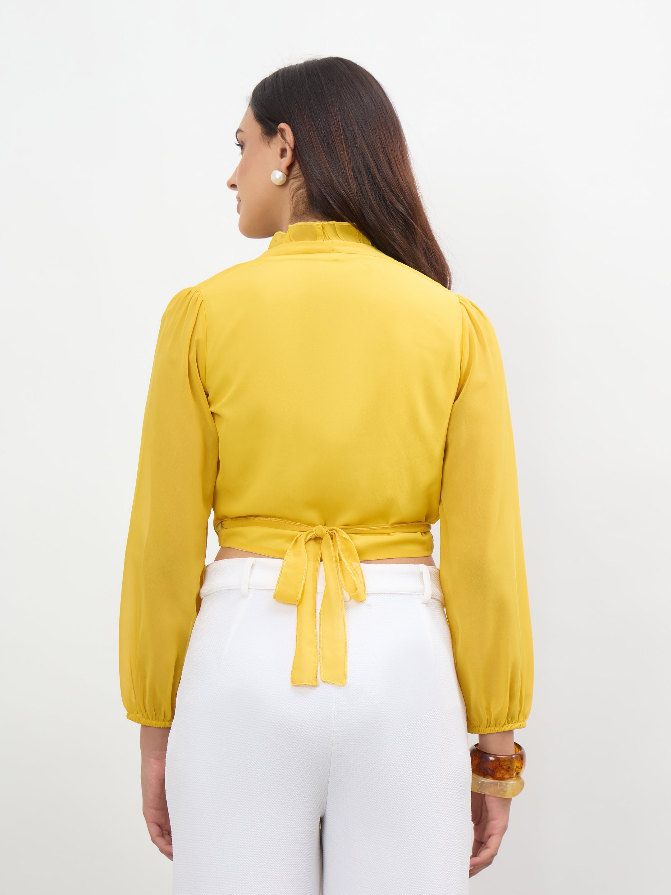 Women Yellow Frill Detail Wrap Top