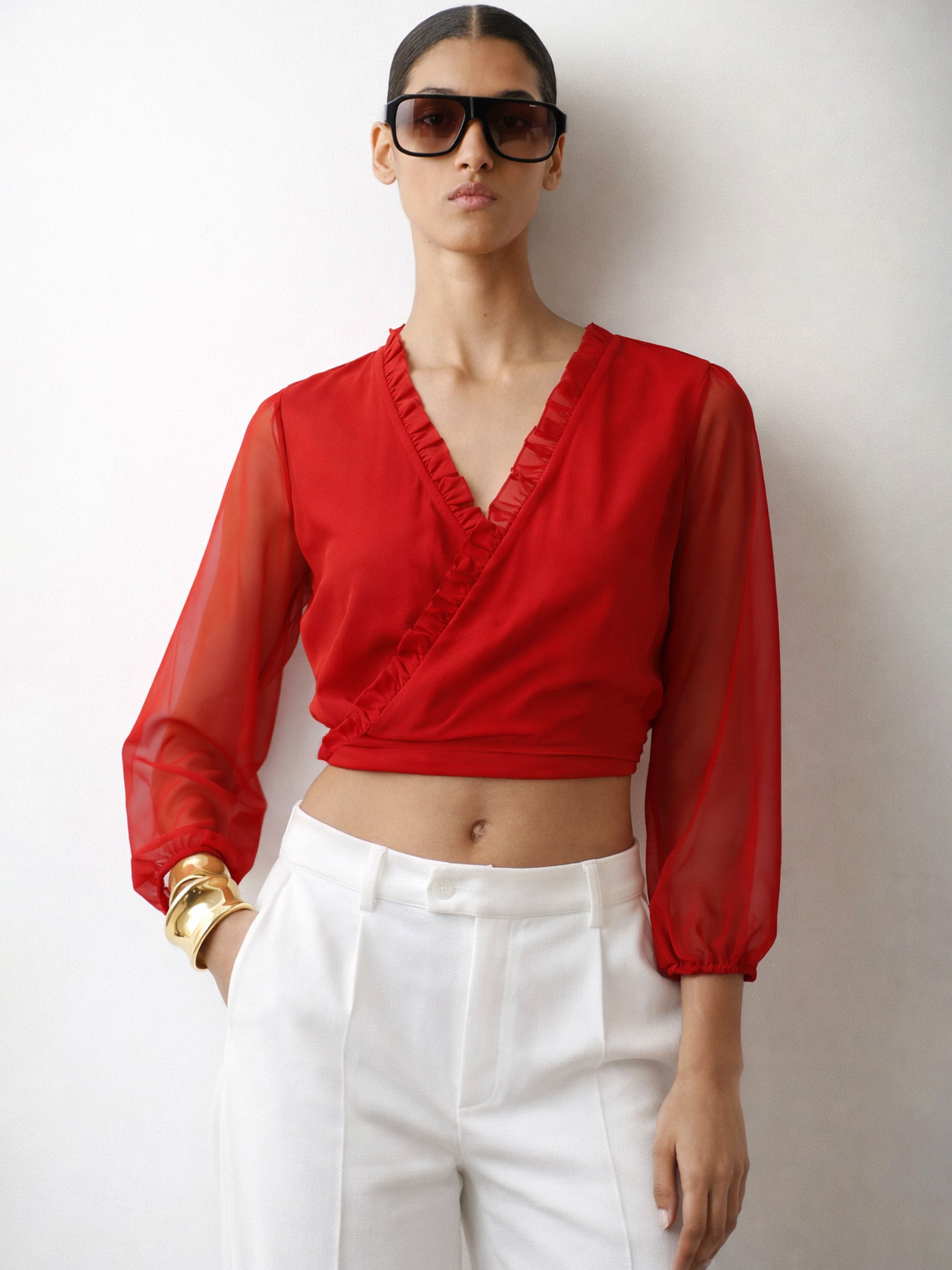Women Red Frill Detail Wrap Top