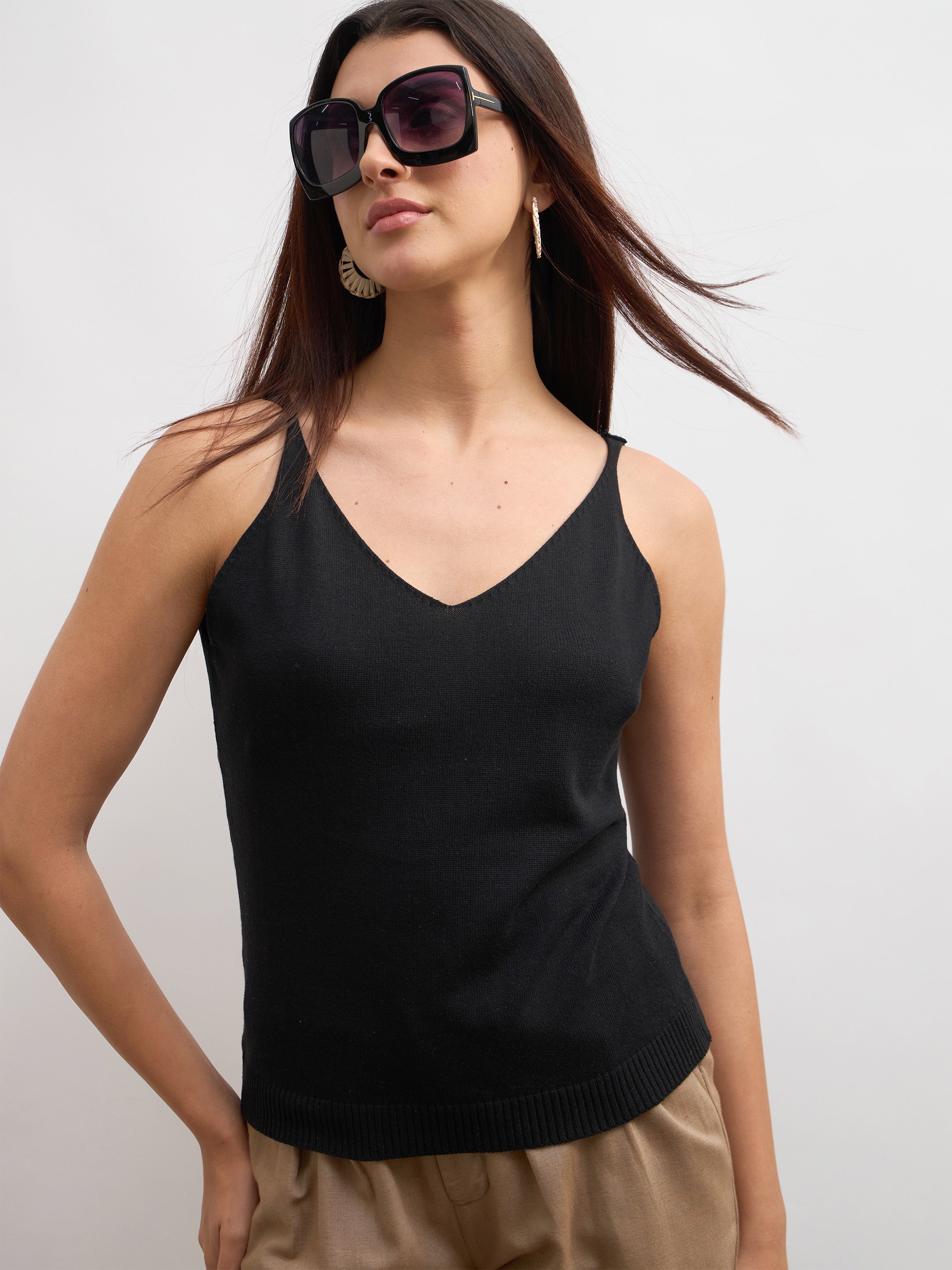 Women Black V-Neck Regular Strappy Top
