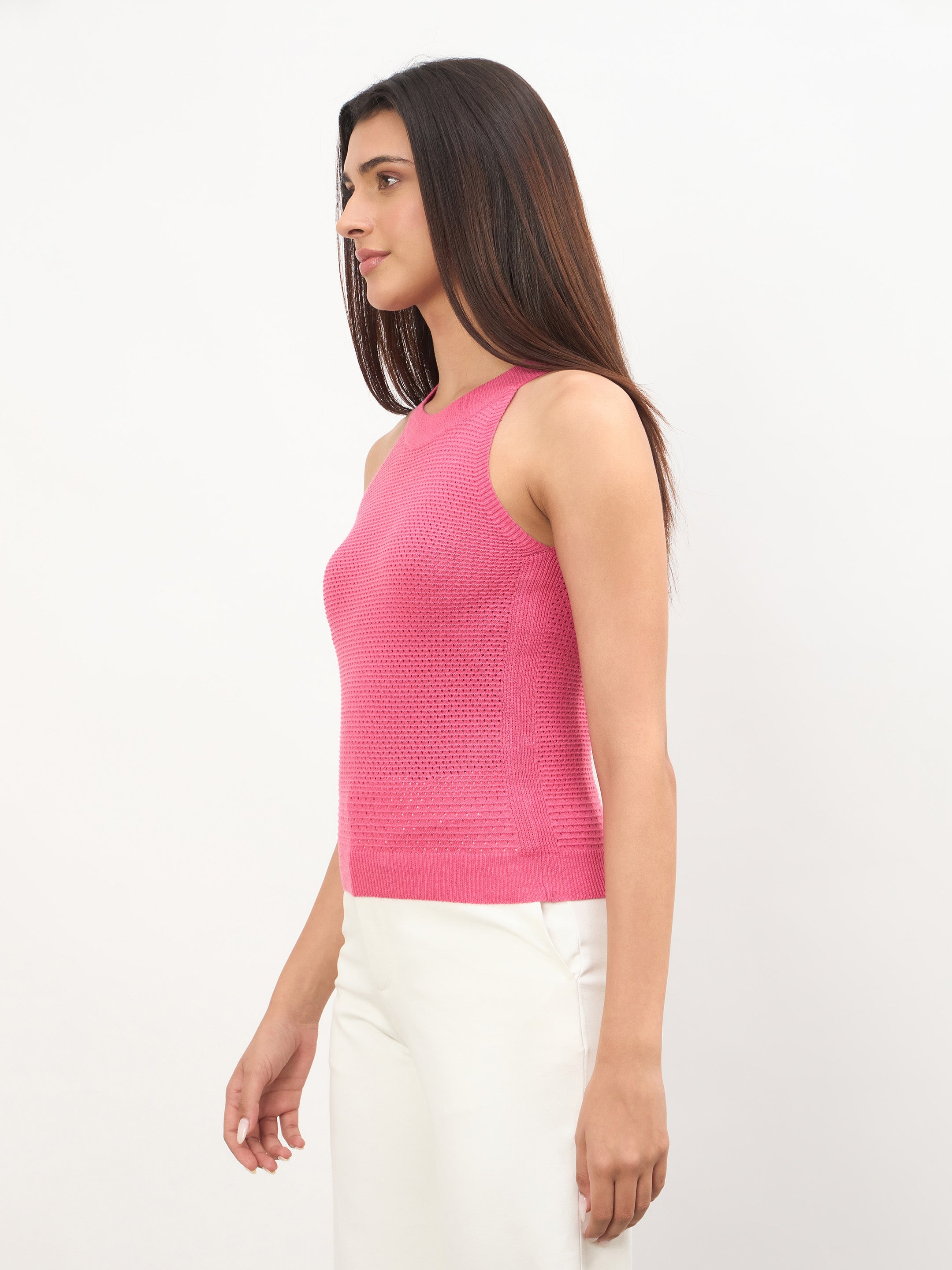 Women Pink Crochet Halter Neck Regular Top