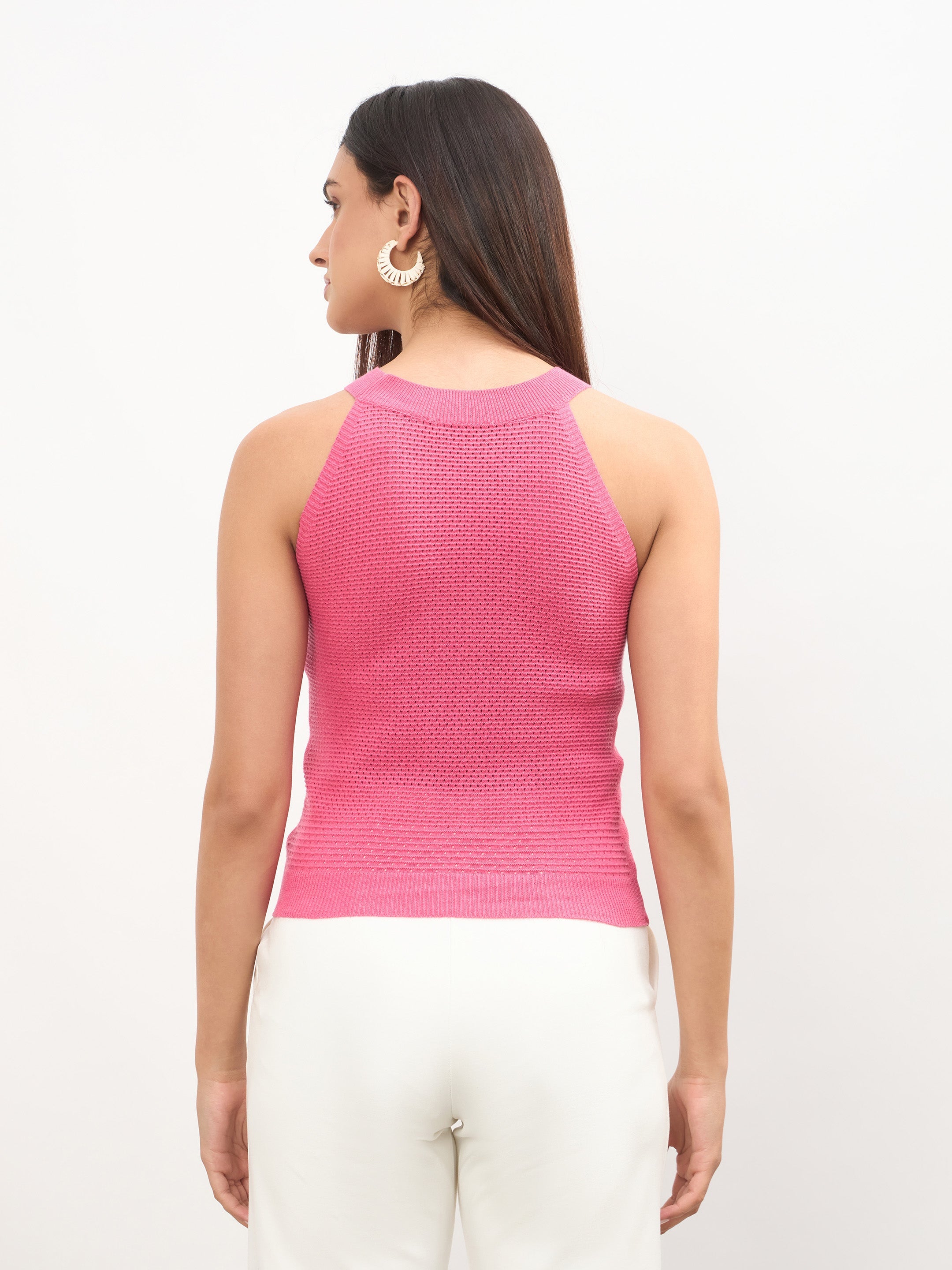 Women Pink Crochet Halter Neck Regular Top