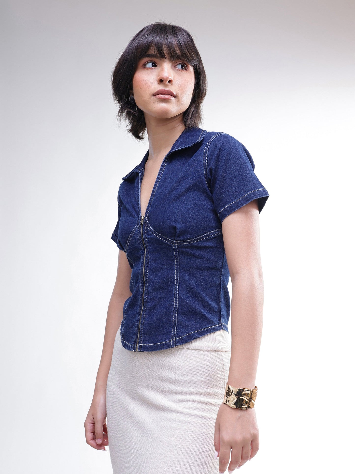 Navy V-Neck Front Zipper Top-SASSAFRAS