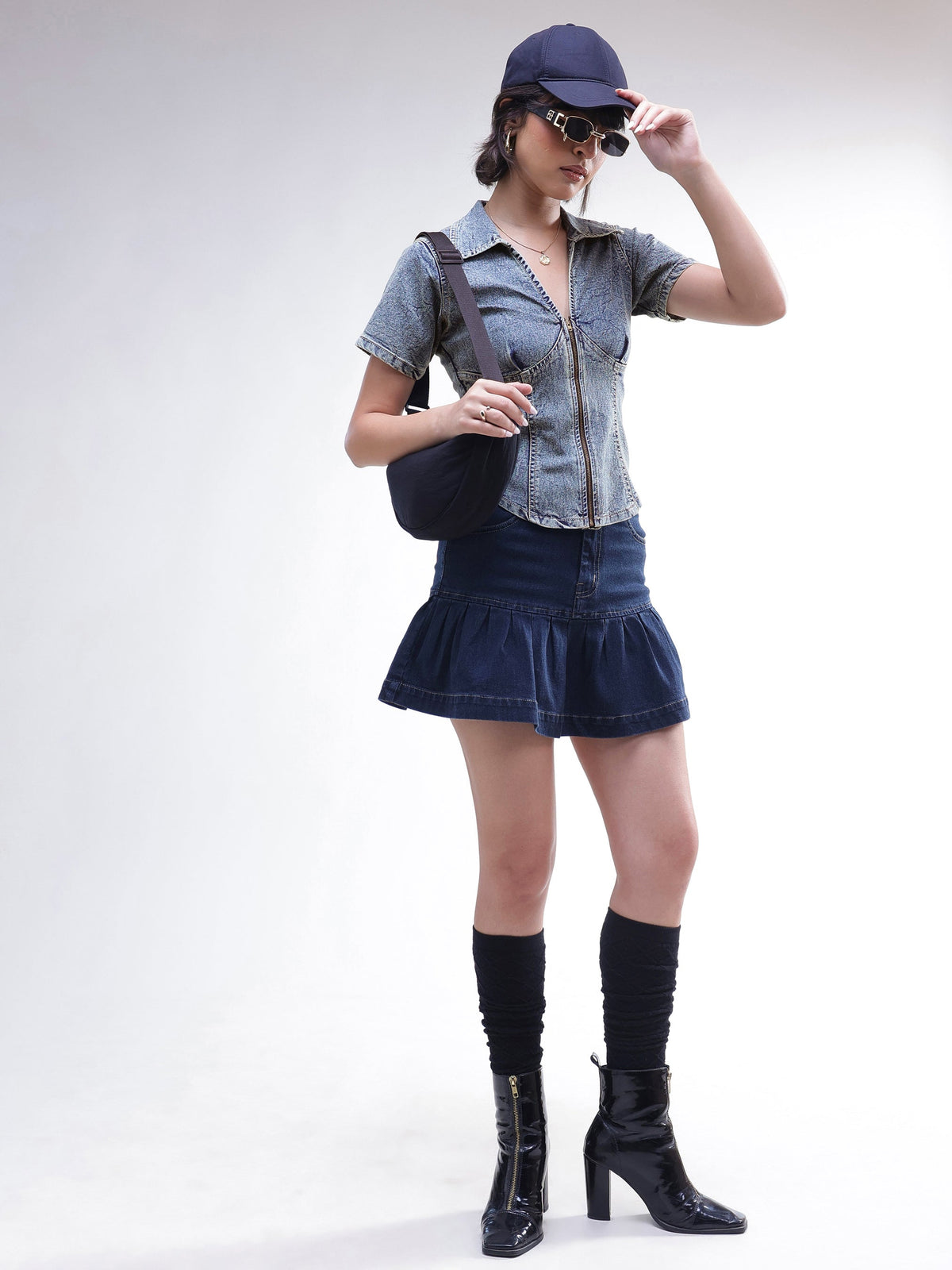 Blue Blast V-Neck Front Zipper Top-SASSAFRAS