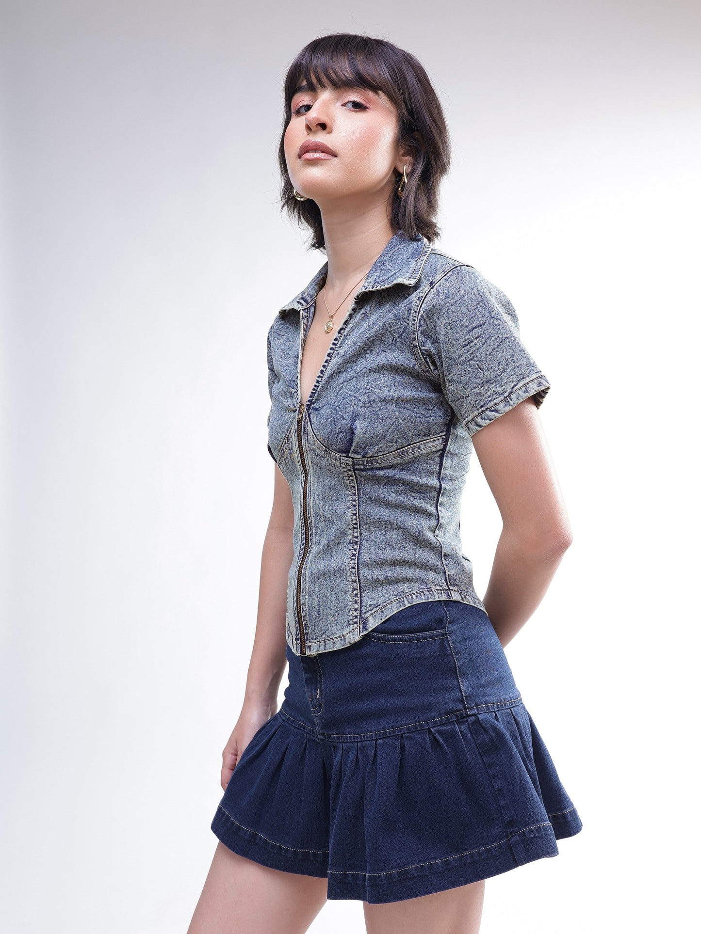 Blue Blast V-Neck Front Zipper Top-SASSAFRAS