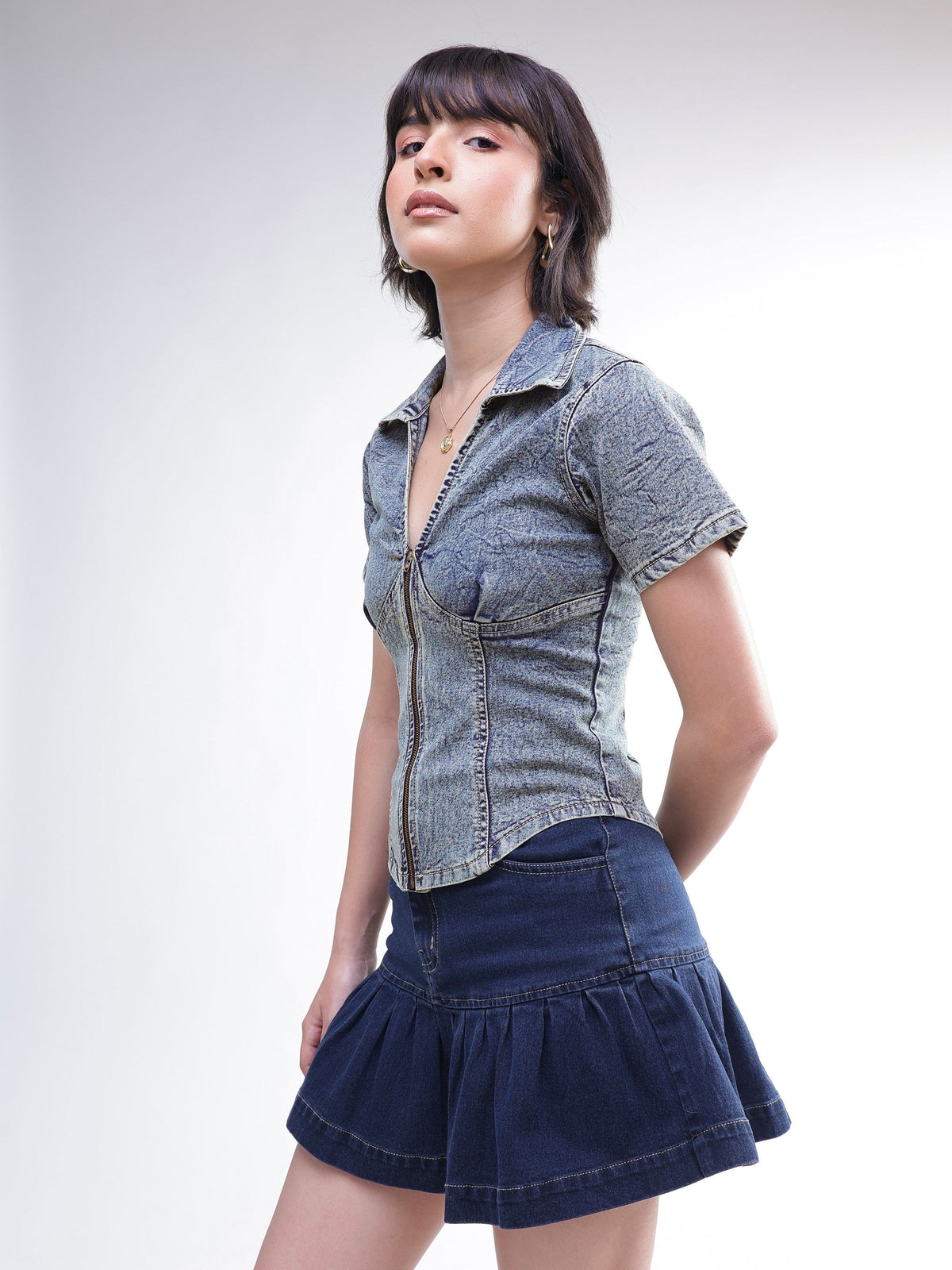 Blue Blast V-Neck Front Zipper Top-SASSAFRAS