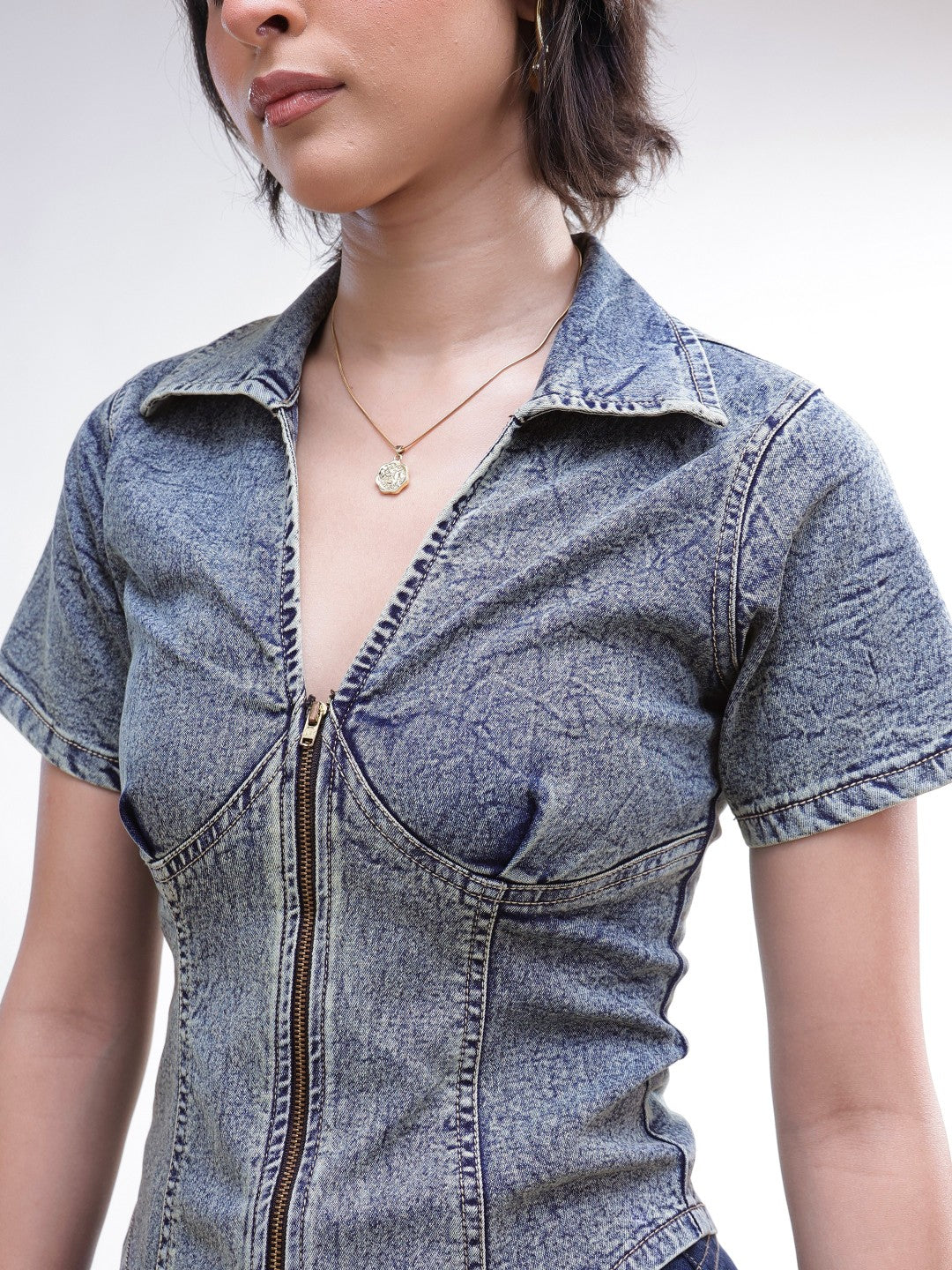 Blue Blast V-Neck Front Zipper Top-SASSAFRAS