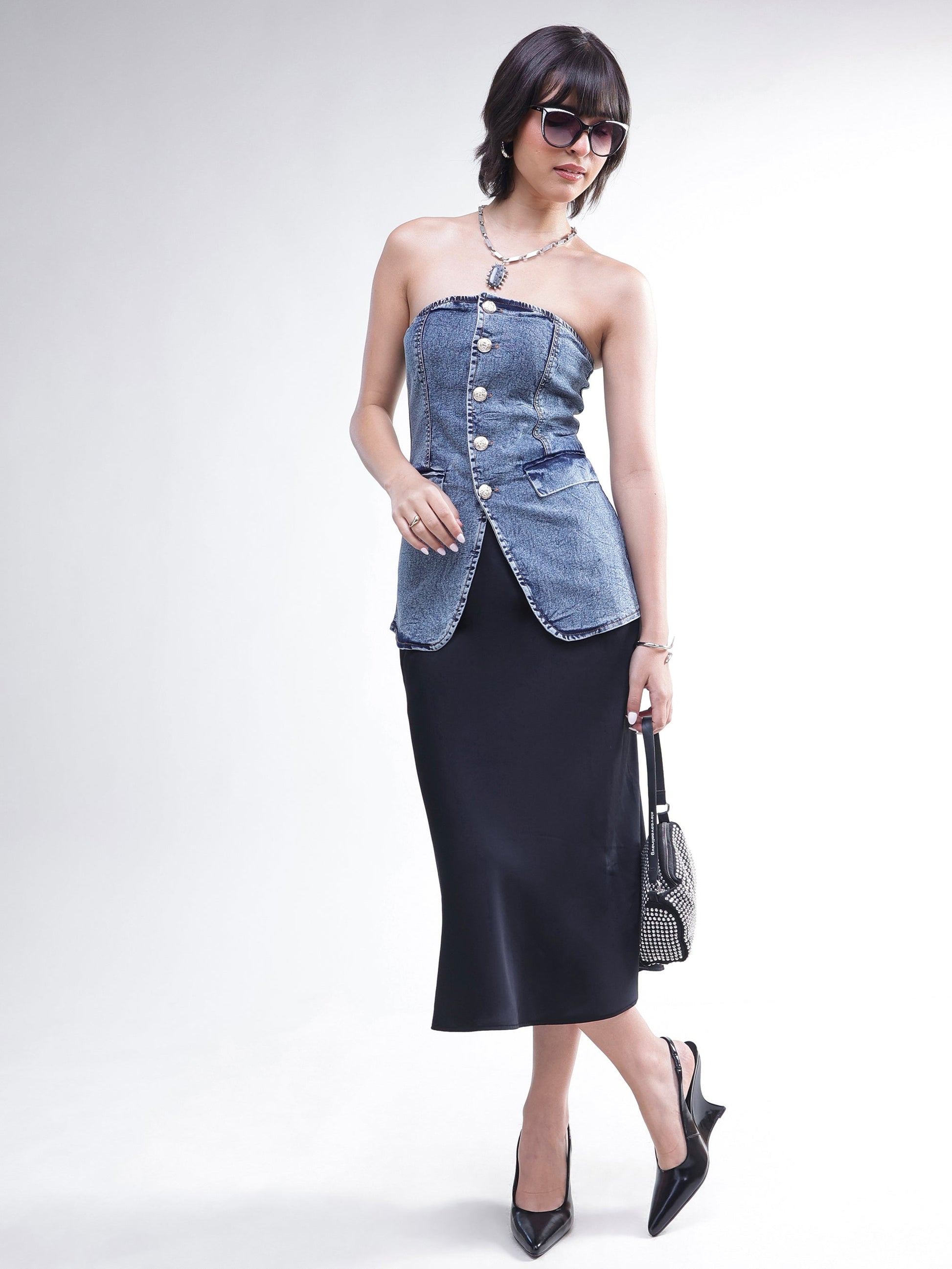 Blue Wash Denim Button Down Tube Top -SASSAFRAS