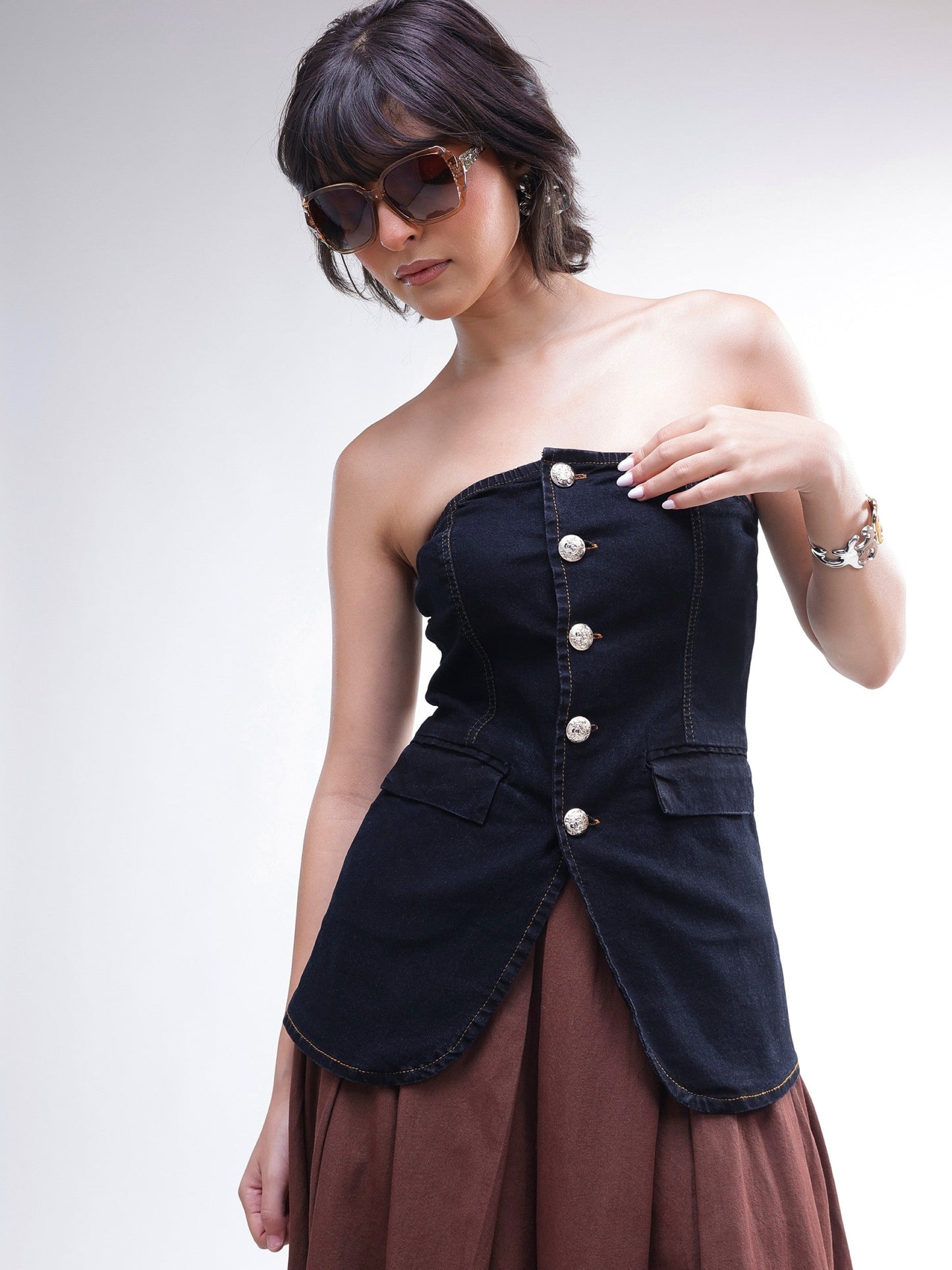 Black Denim Button Down Tube Top -SASSAFRAS