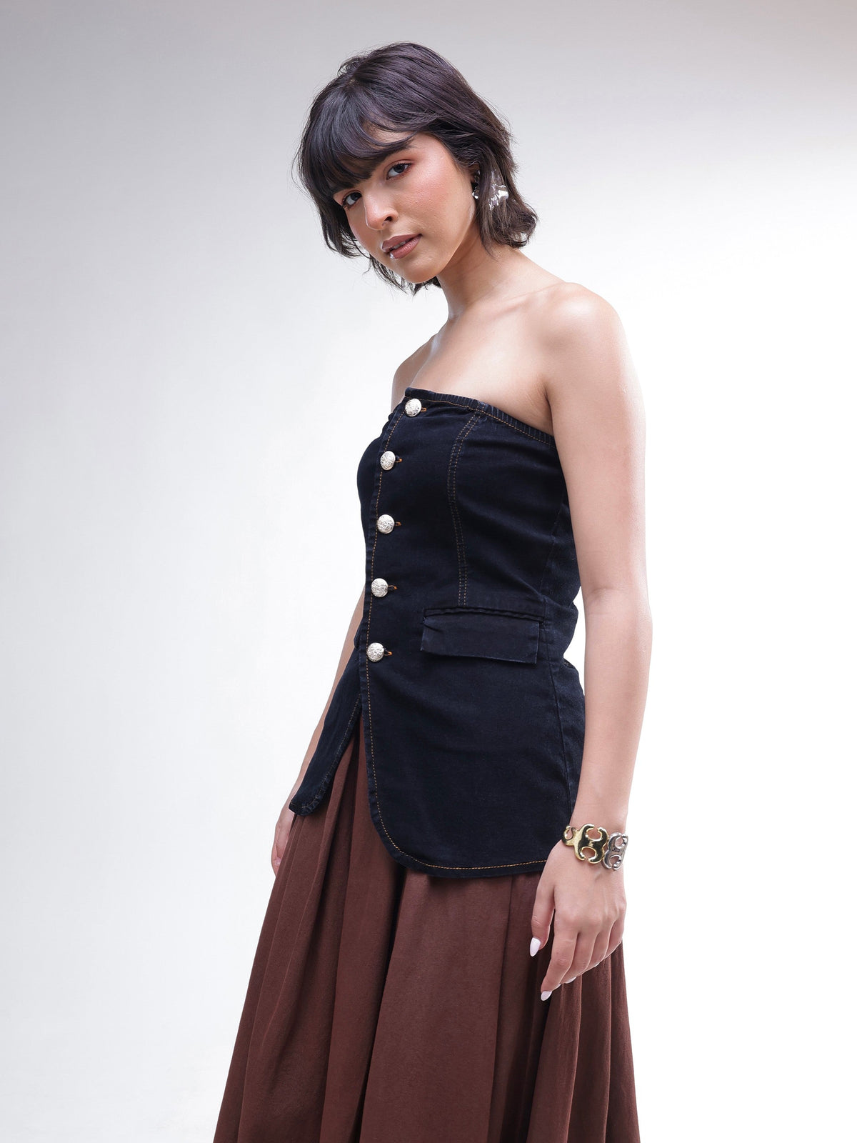 Black Denim Button Down Tube Top -SASSAFRAS