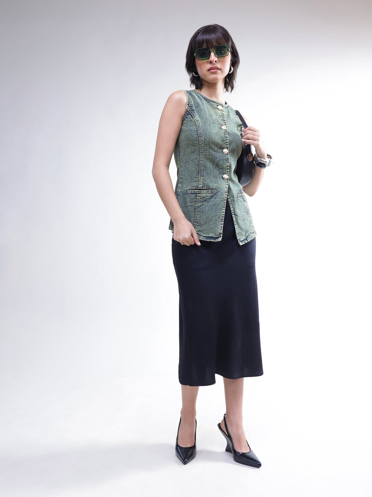 Green Washed Denim Sleeveless Waistcoat -SASSAFRAS