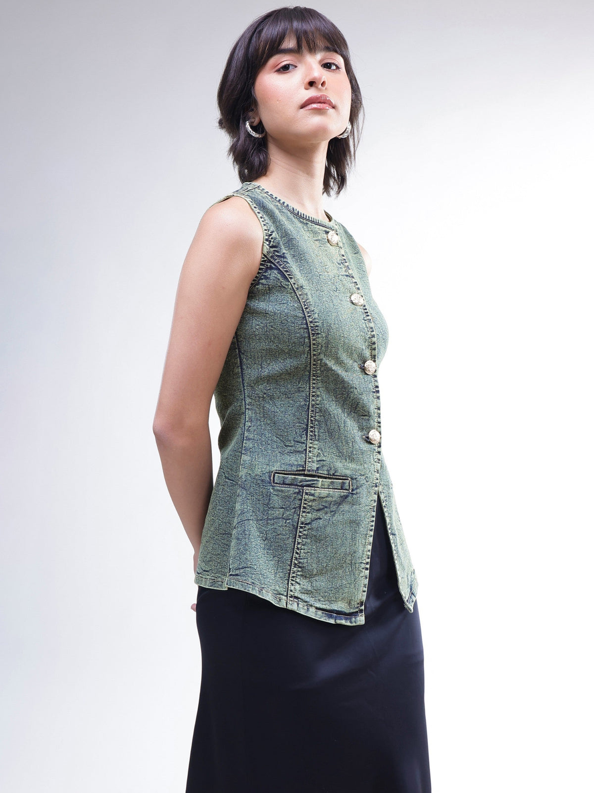Green Washed Denim Sleeveless Waistcoat -SASSAFRAS