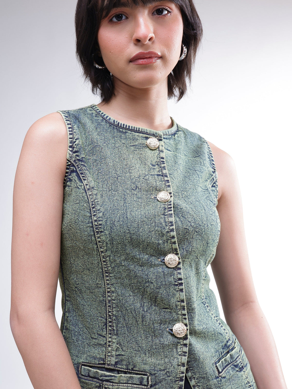 Green Washed Denim Sleeveless Waistcoat -SASSAFRAS