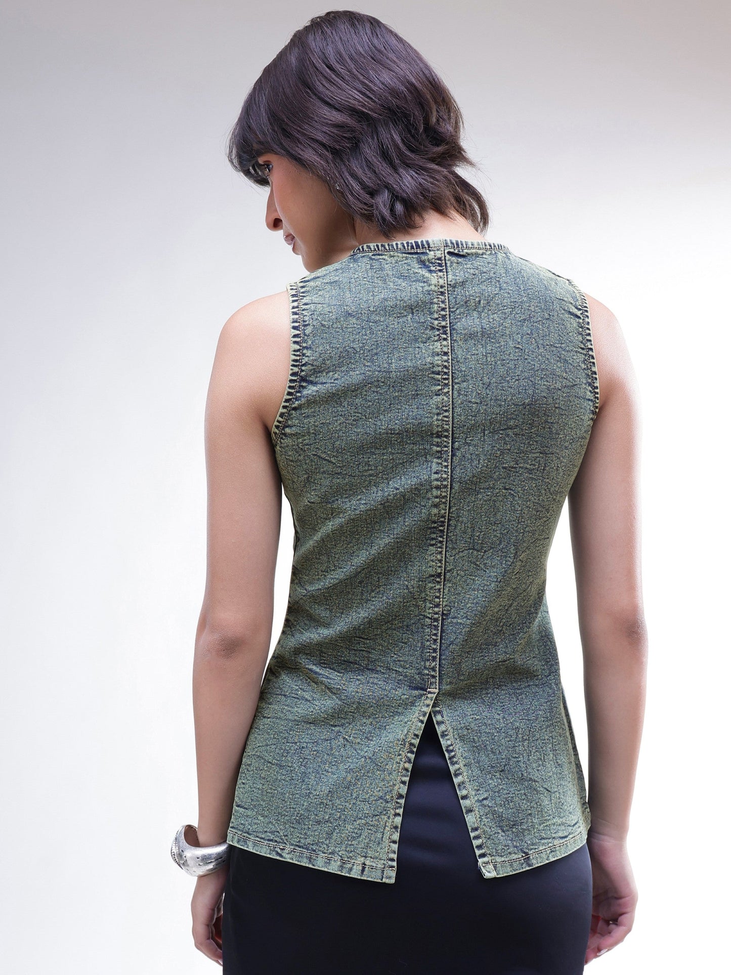 Green Washed Denim Sleeveless Waistcoat -SASSAFRAS