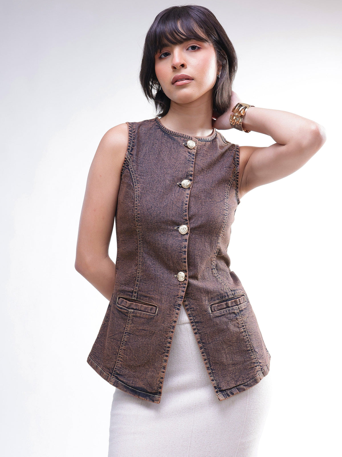 Brown Washed Denim Sleeveless Waistcoat-SASSAFRAS