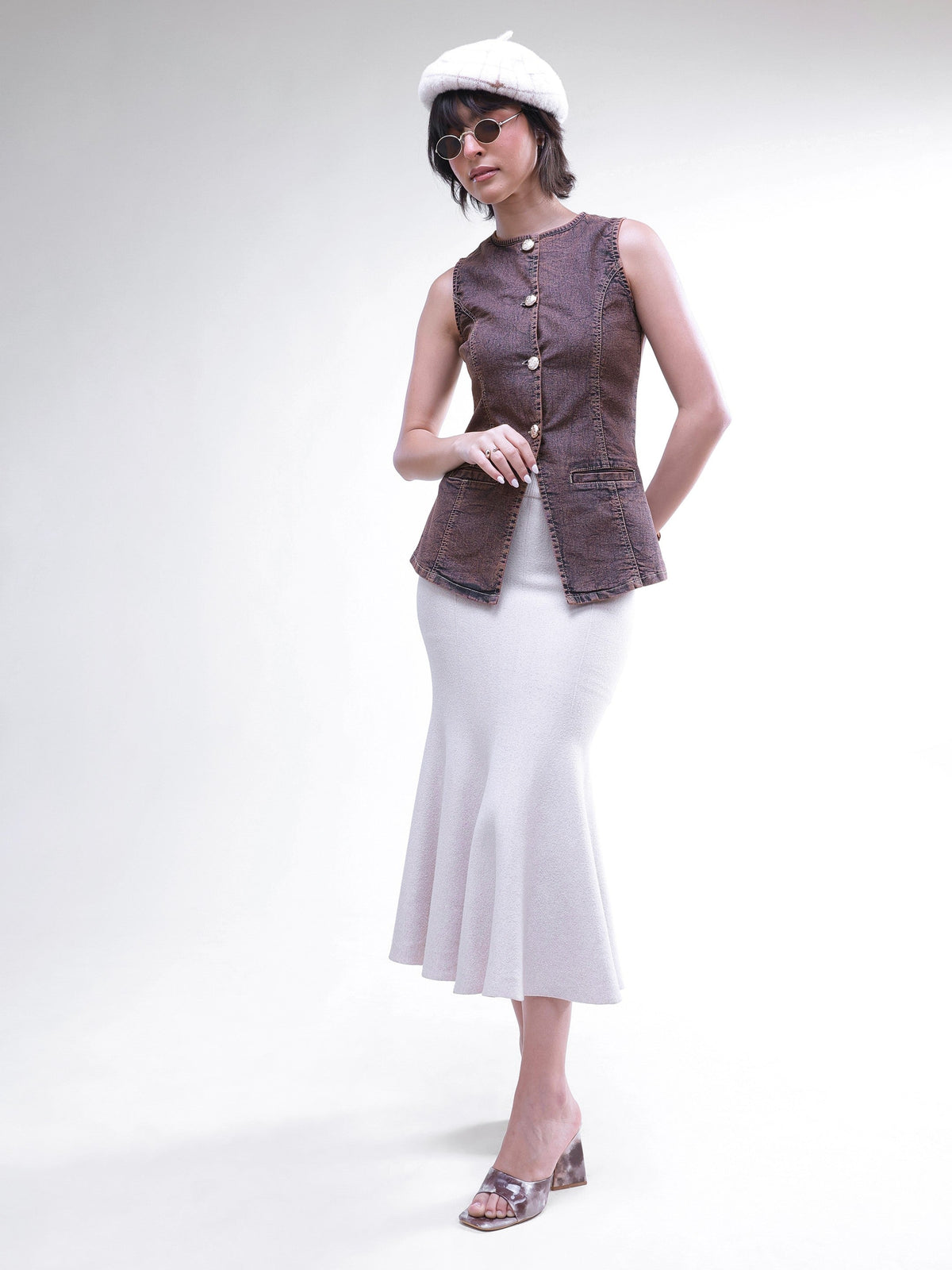 Brown Washed Denim Sleeveless Waistcoat-SASSAFRAS