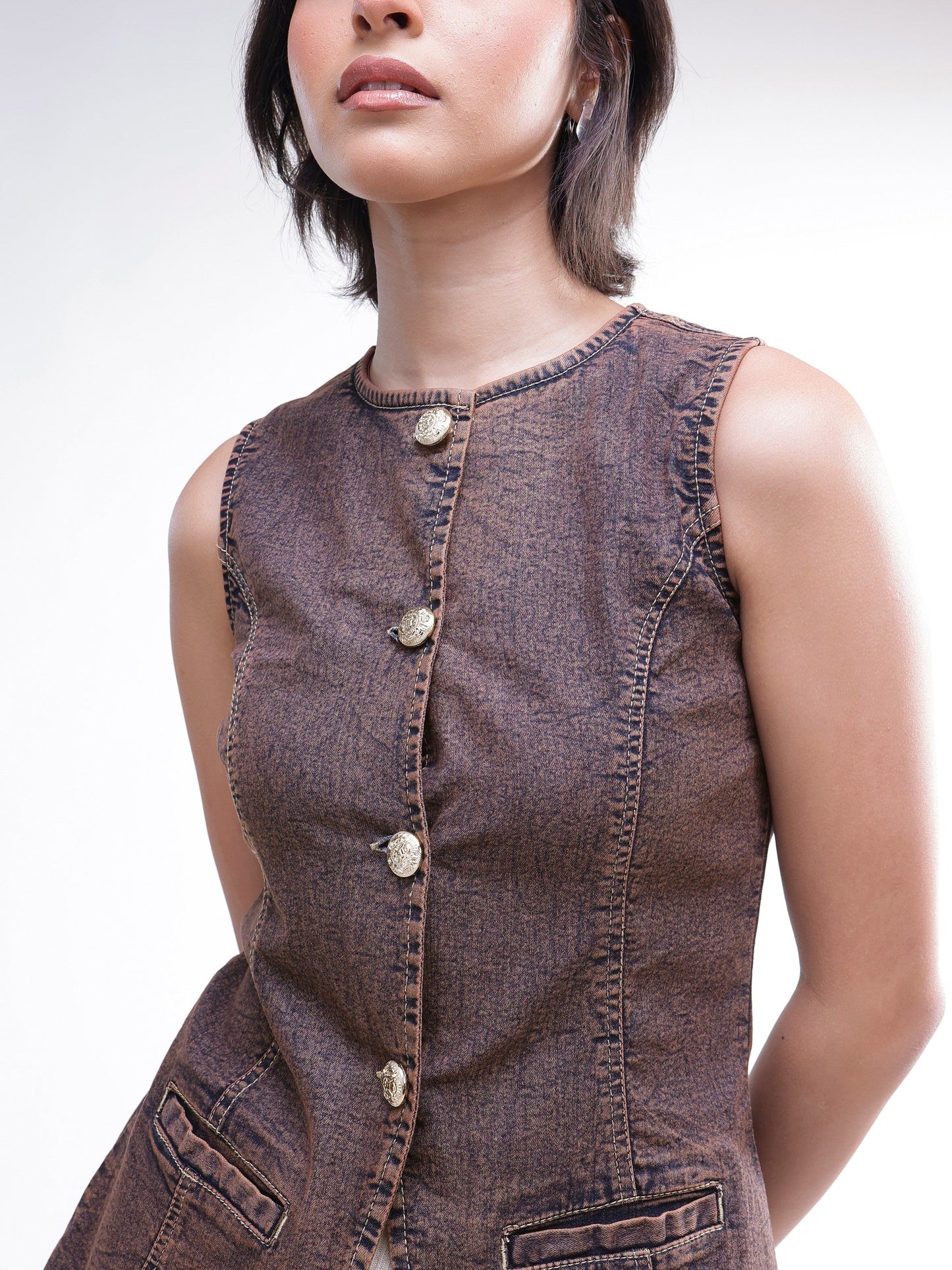 Brown Washed Denim Sleeveless Waistcoat-SASSAFRAS