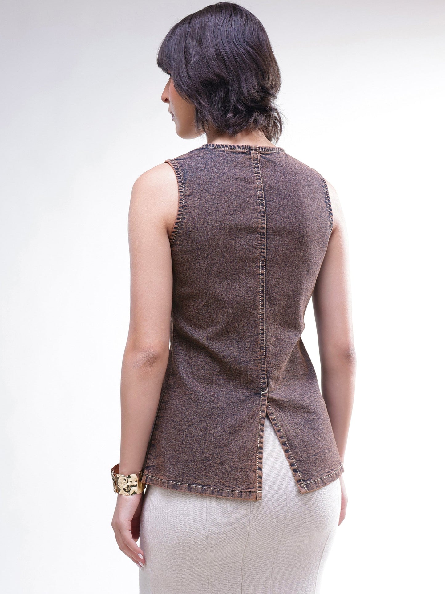 Brown Washed Denim Sleeveless Waistcoat-SASSAFRAS