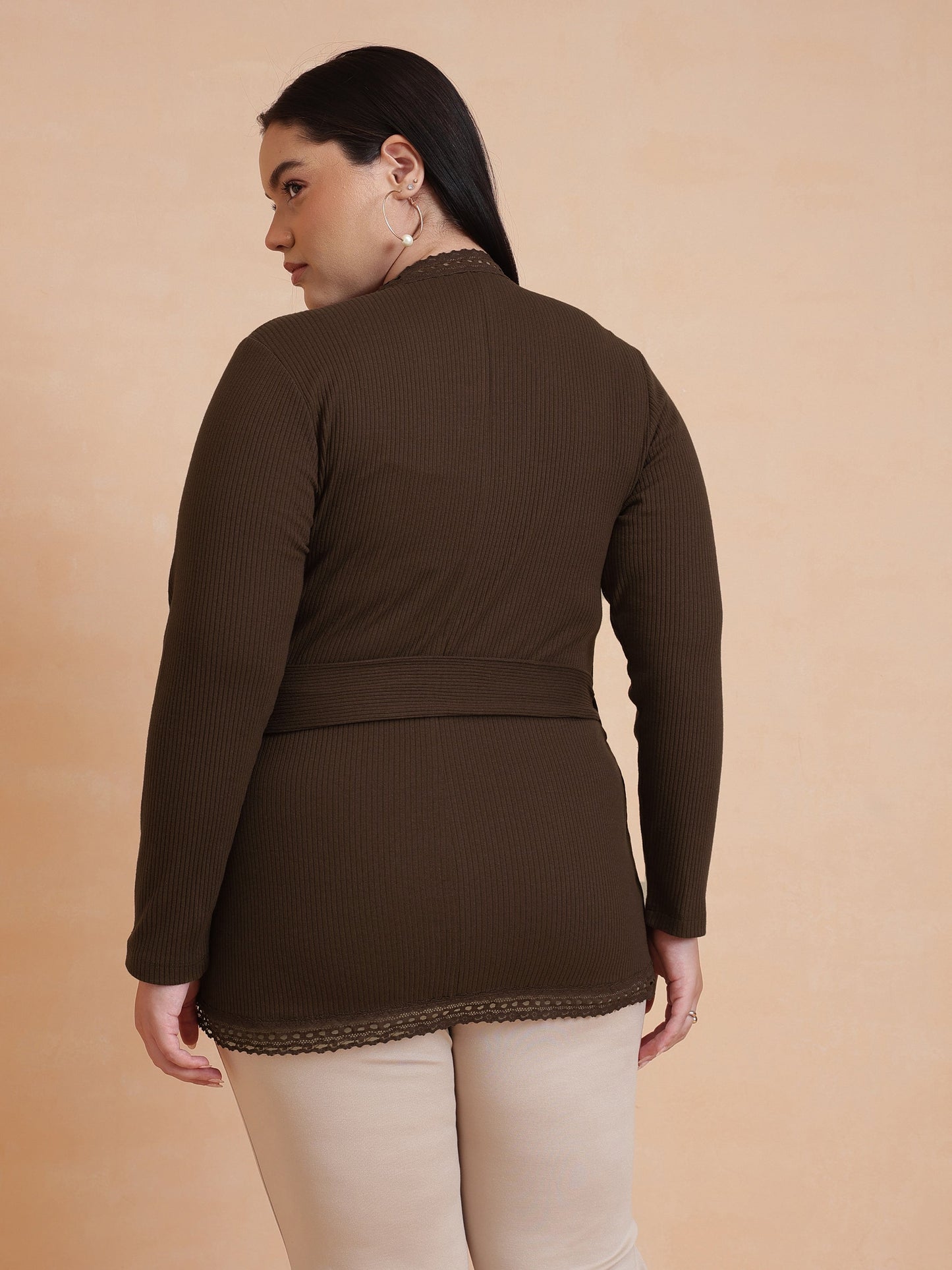 Brown Rib Wrap Top-SASSAFRAS Curve