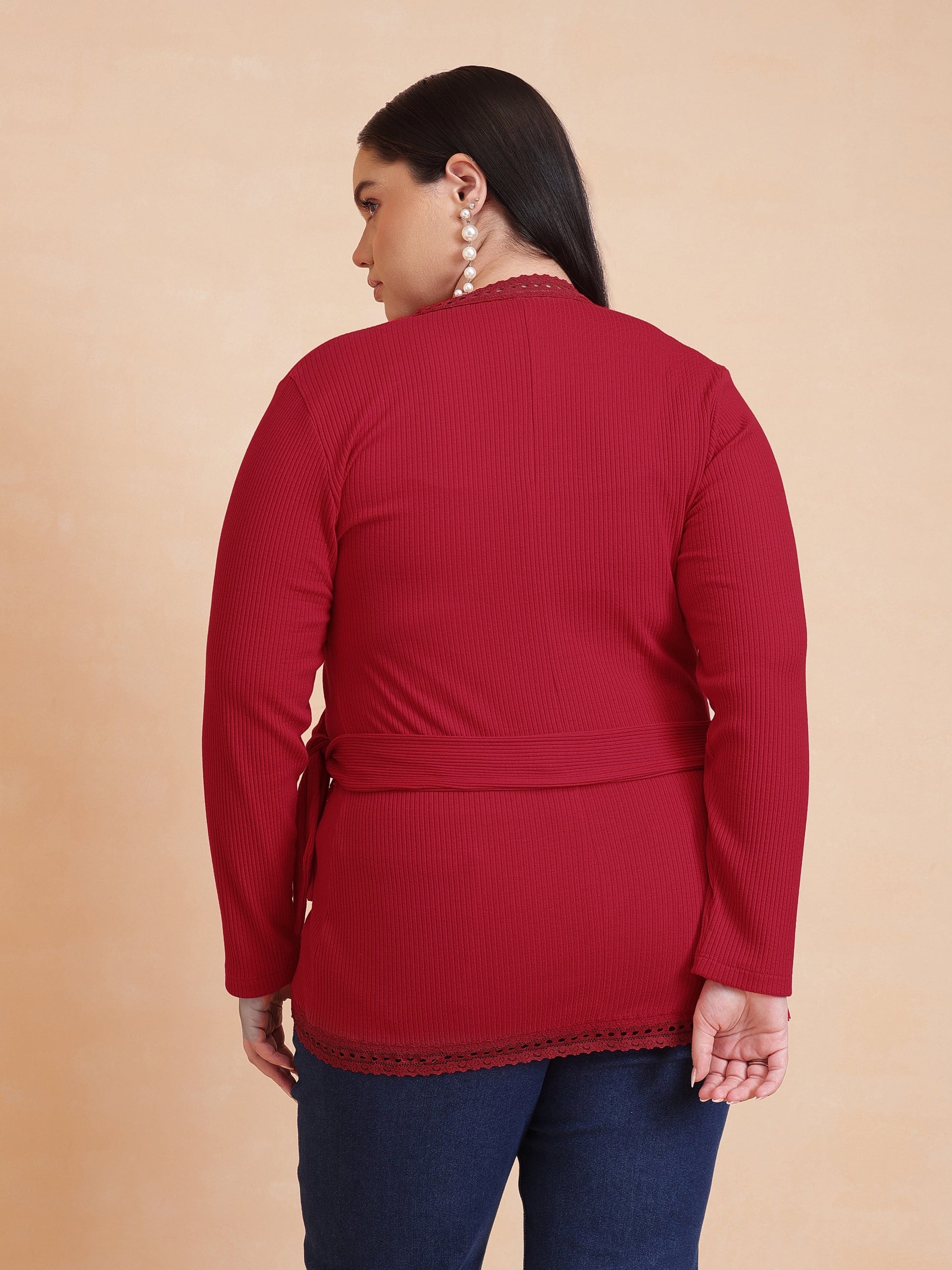 Red Rib Wrap Top-SASSAFRAS Curve