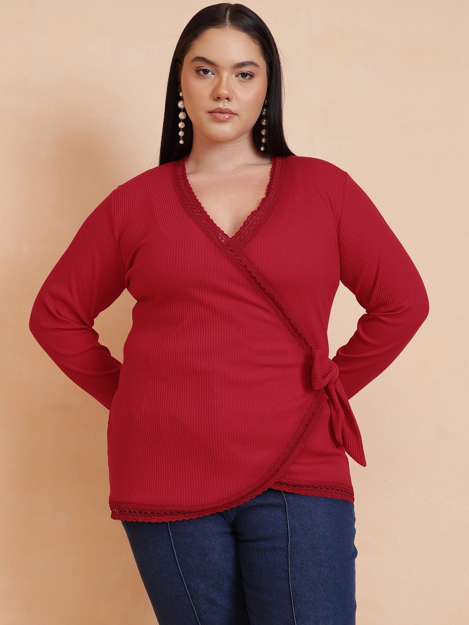 Red Rib Wrap Top-SASSAFRAS Curve