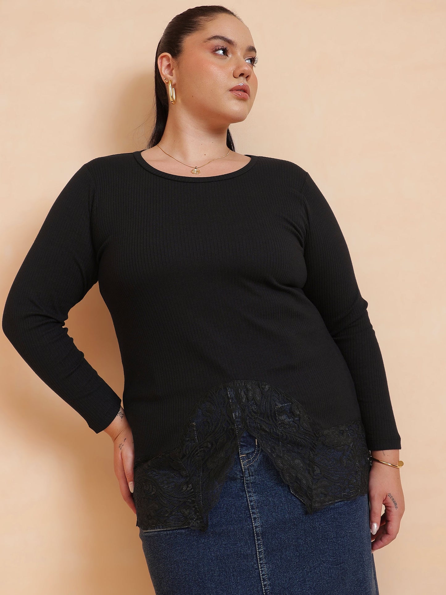 Black Rib Full Sleeves Top-SASSAFRAS Curve