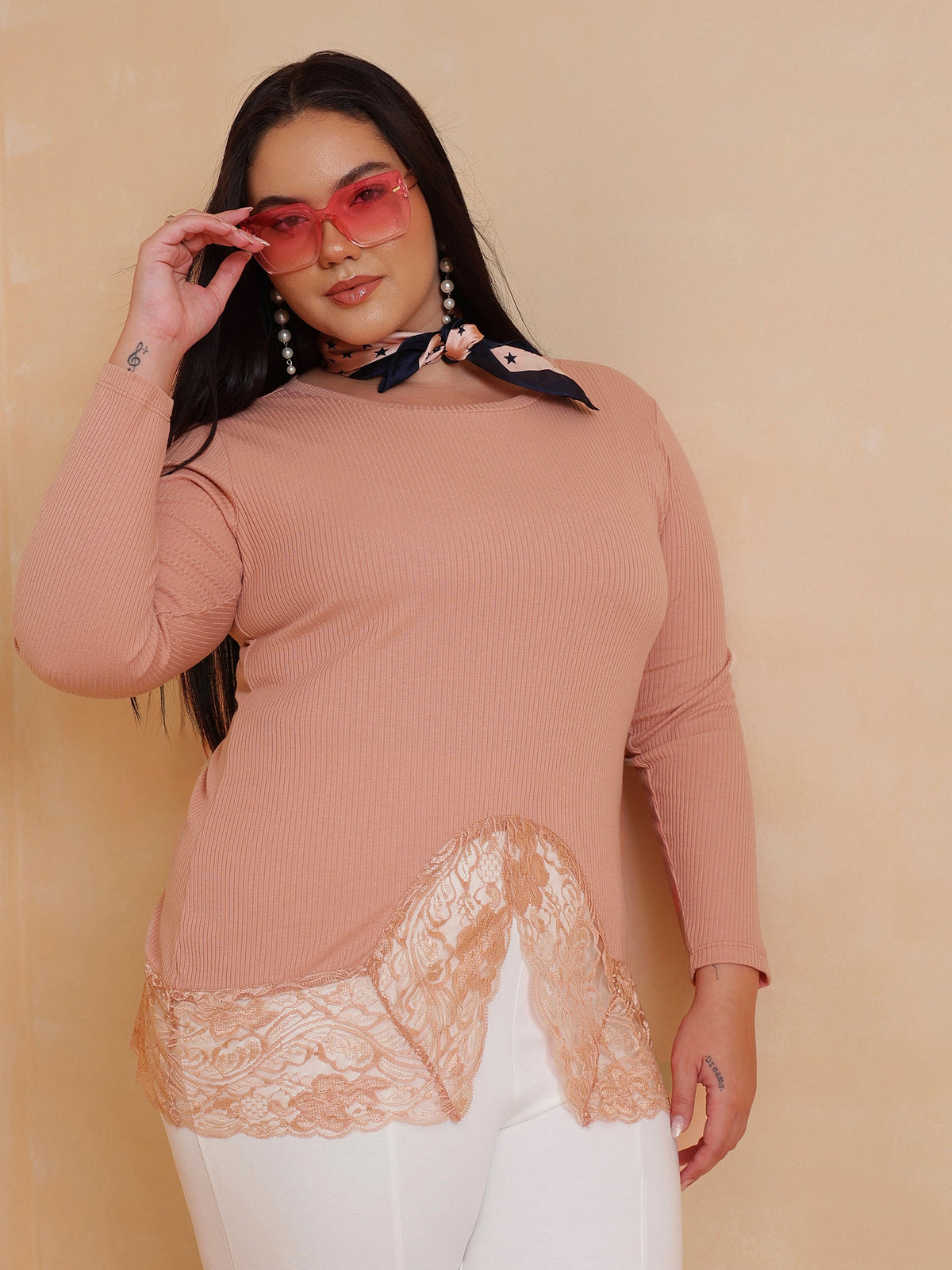 Onion Pink Rib Full Sleeves Top-SASSAFRAS Curve