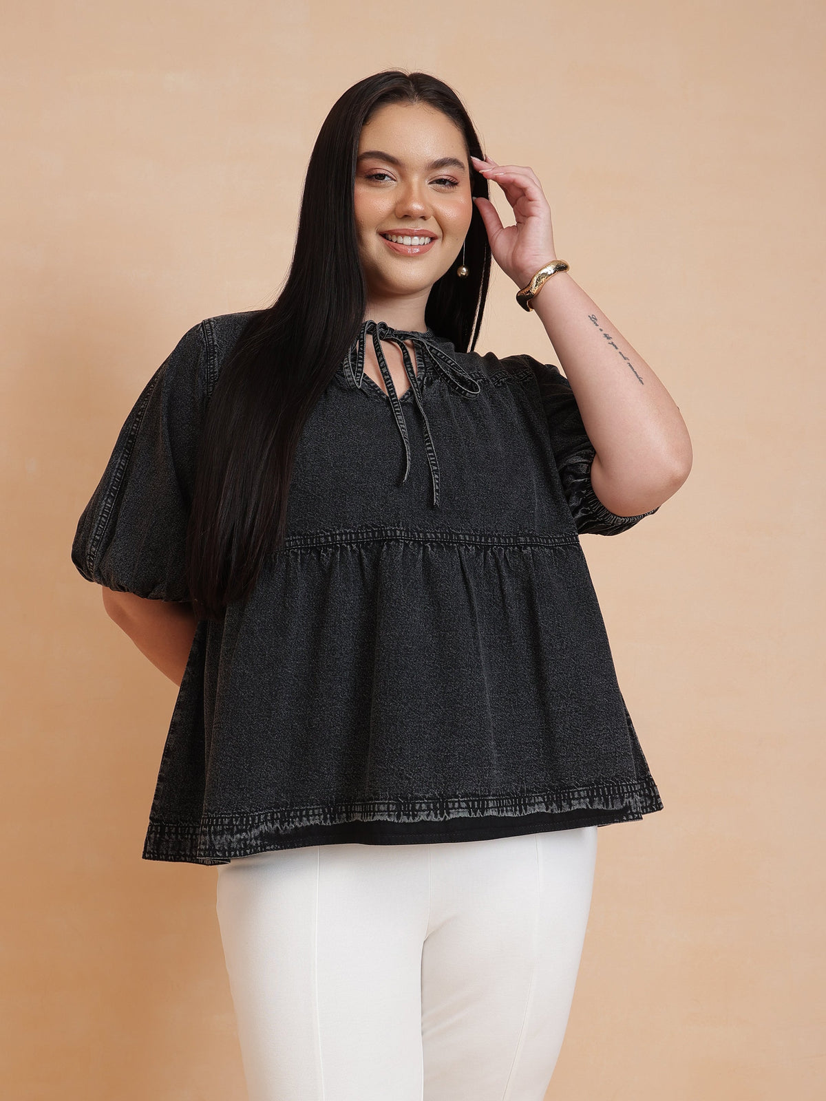 Black Wash Denim Tiered Top-SASSAFRAS Curve