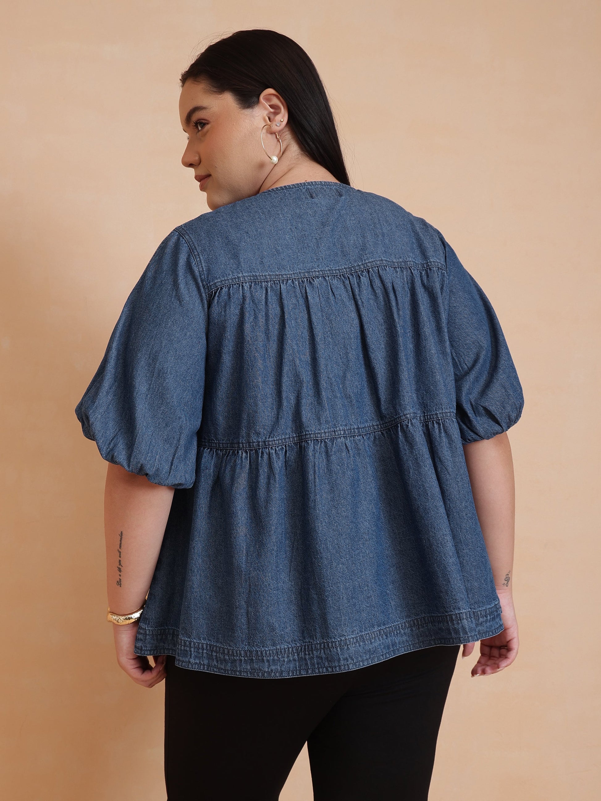 Blue Denim Tiered Top-SASSAFRAS Curve