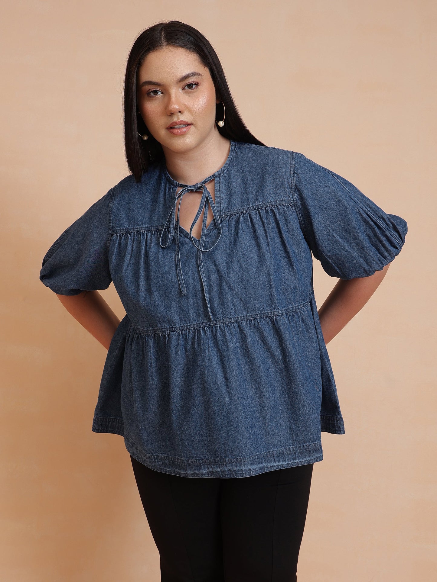 Blue Denim Tiered Top-SASSAFRAS Curve