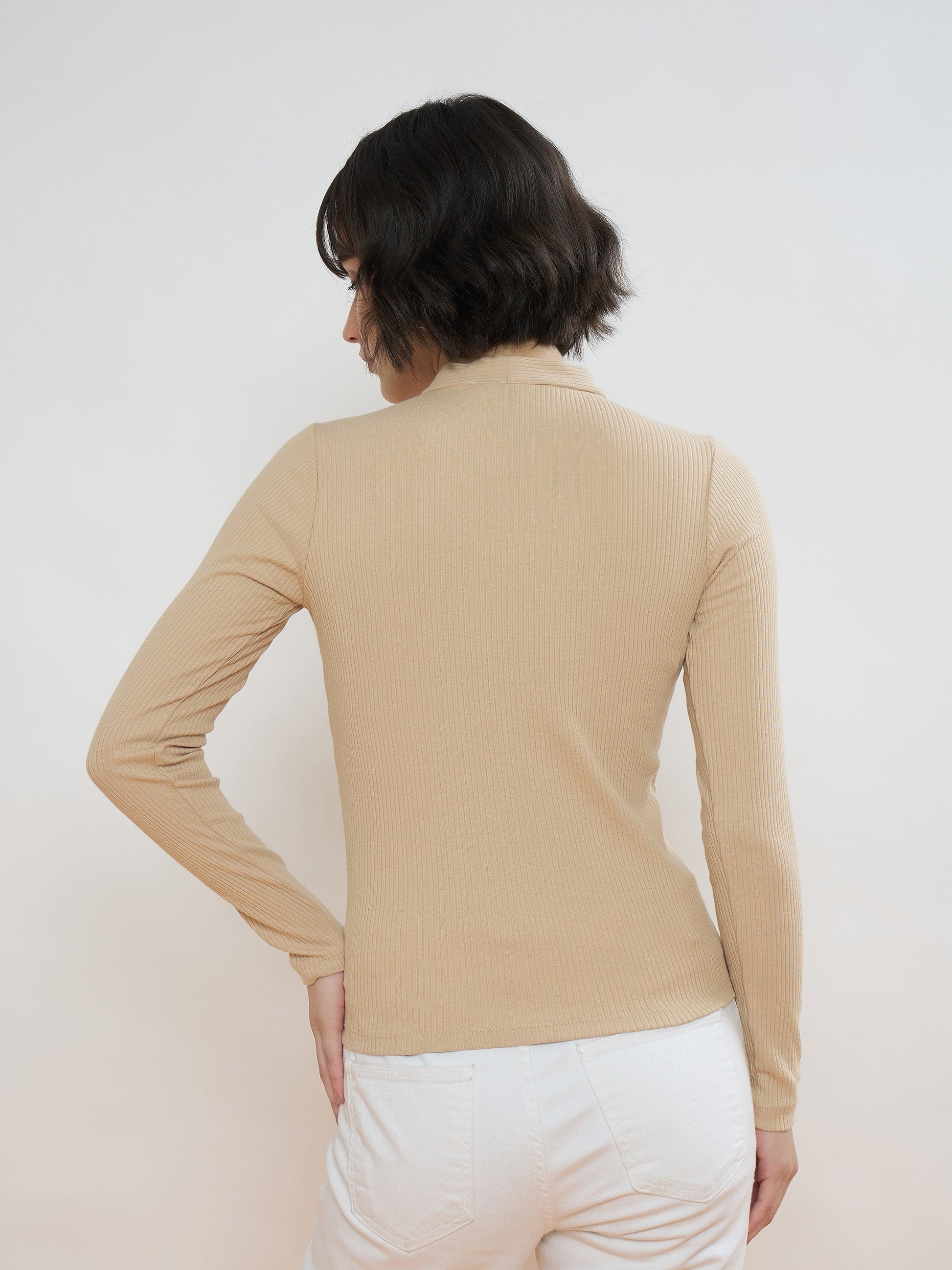 Beige Rib Front Open Cardigan Top-SASSAFRAS