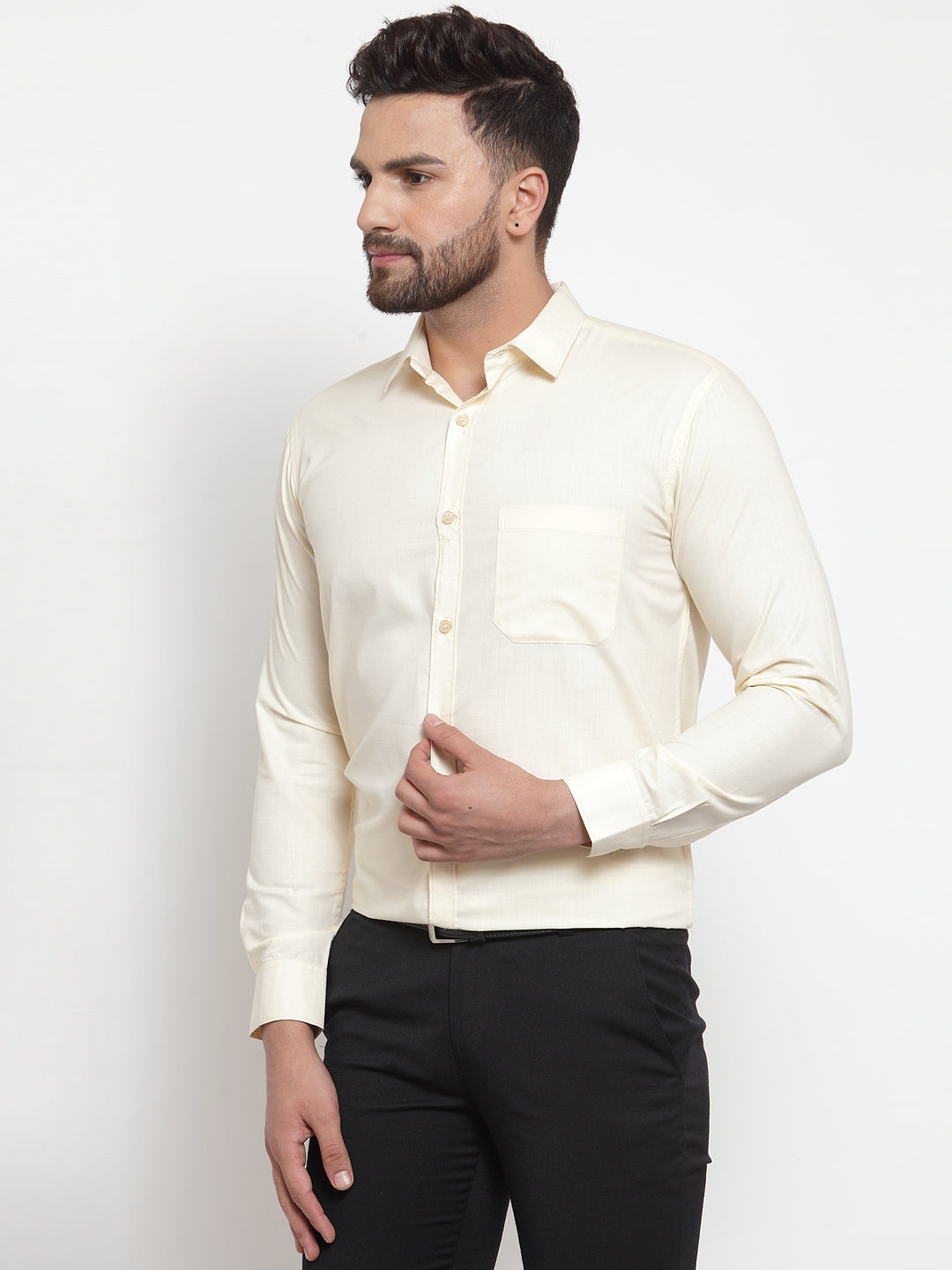 Jainish Men Cream Solid Formal Shirt