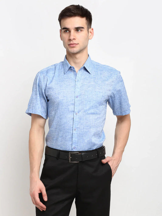 Jainish Blue Mens Solid Cotton Half Sleeves Formal Shirt