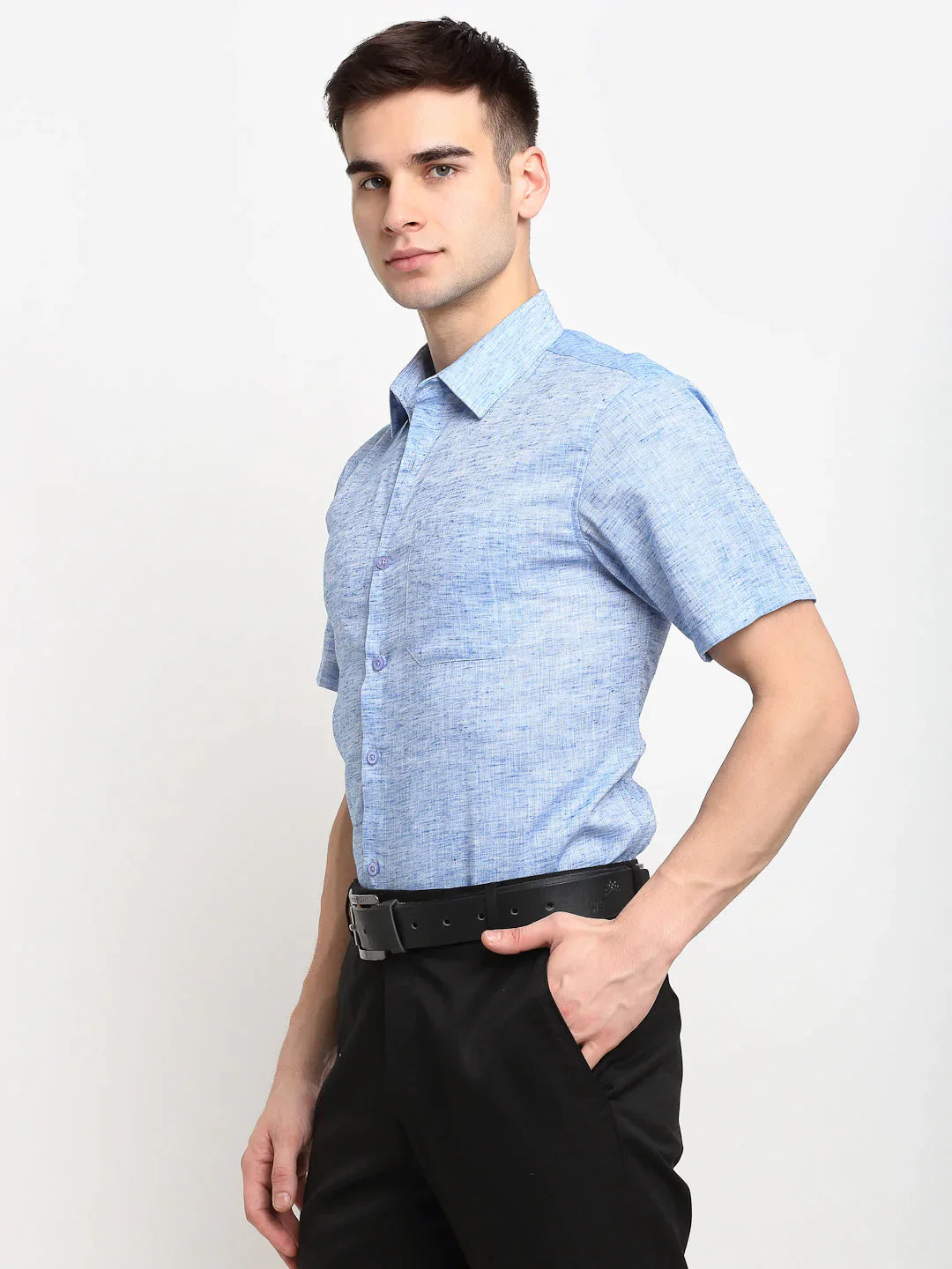 Jainish Blue Mens Solid Cotton Half Sleeves Formal Shirt