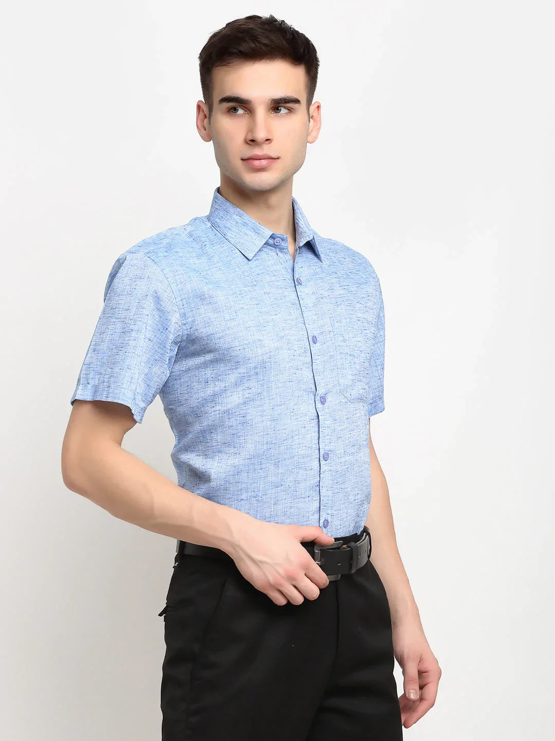Jainish Blue Mens Solid Cotton Half Sleeves Formal Shirt