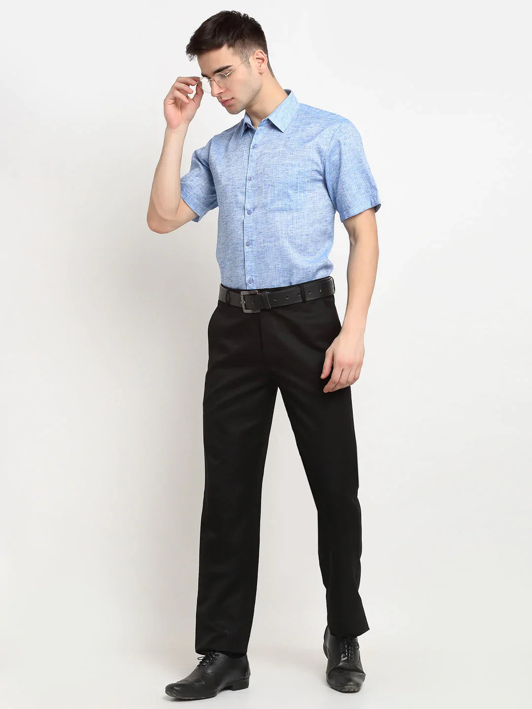 Jainish Blue Mens Solid Cotton Half Sleeves Formal Shirt