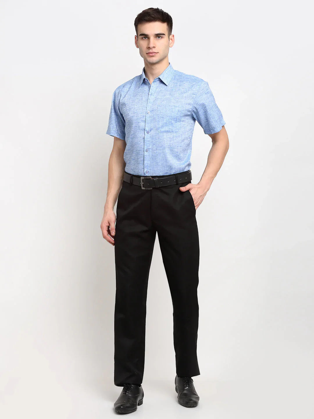 Jainish Blue Mens Solid Cotton Half Sleeves Formal Shirt