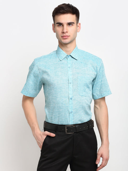 Jainish Green Mens Solid Cotton Half Sleeves Formal Shirt