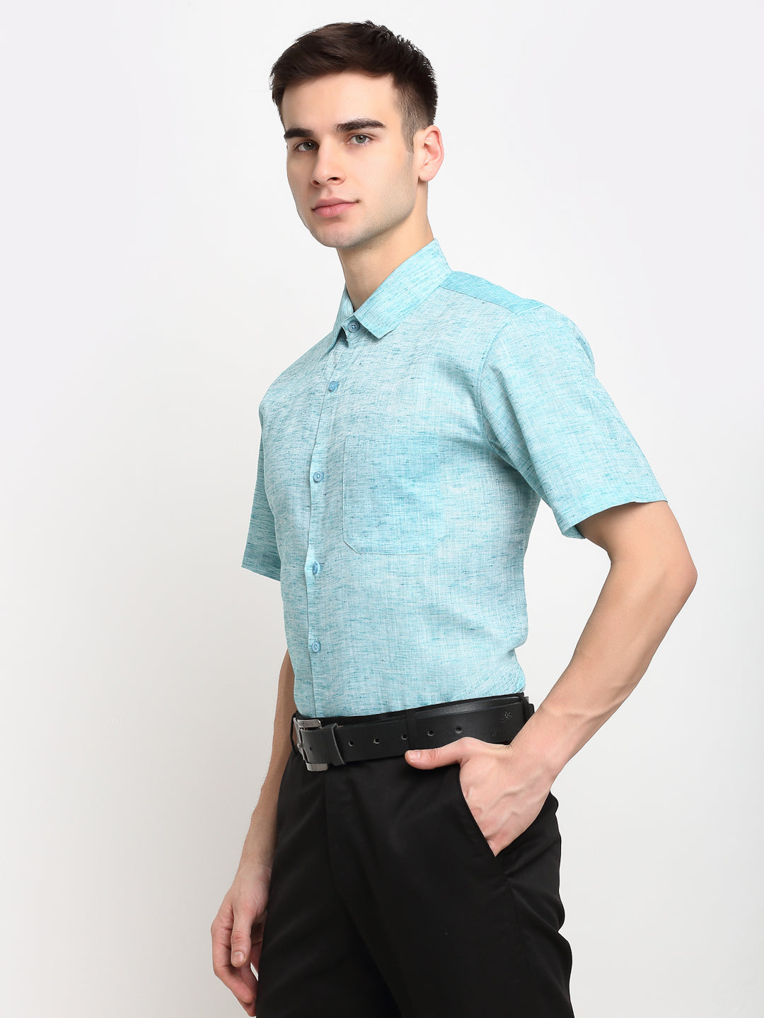 Jainish Green Mens Solid Cotton Half Sleeves Formal Shirt