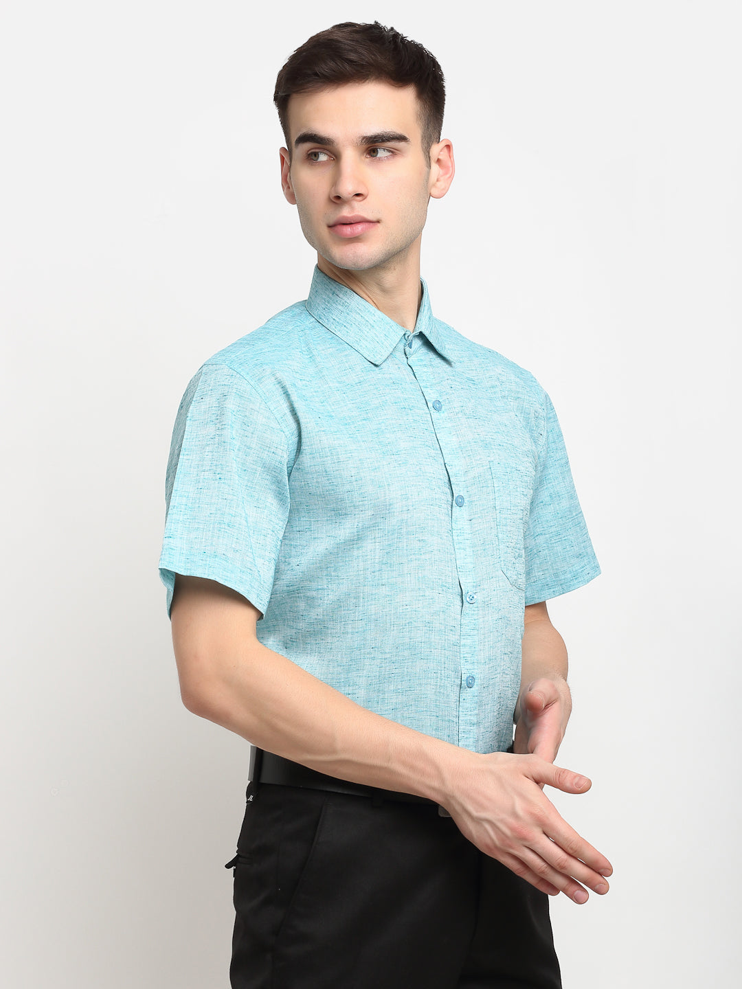 Jainish Green Mens Solid Cotton Half Sleeves Formal Shirt