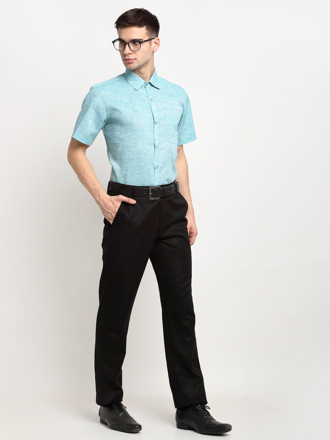 Jainish Green Mens Solid Cotton Half Sleeves Formal Shirt