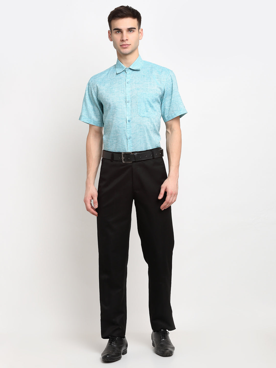 Jainish Green Mens Solid Cotton Half Sleeves Formal Shirt