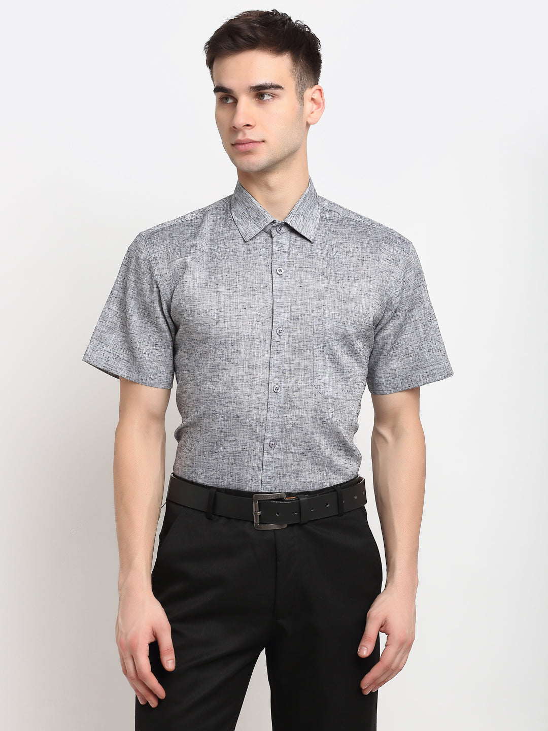 Jainish Grey Mens Solid Cotton Half Sleeves Formal Shirt