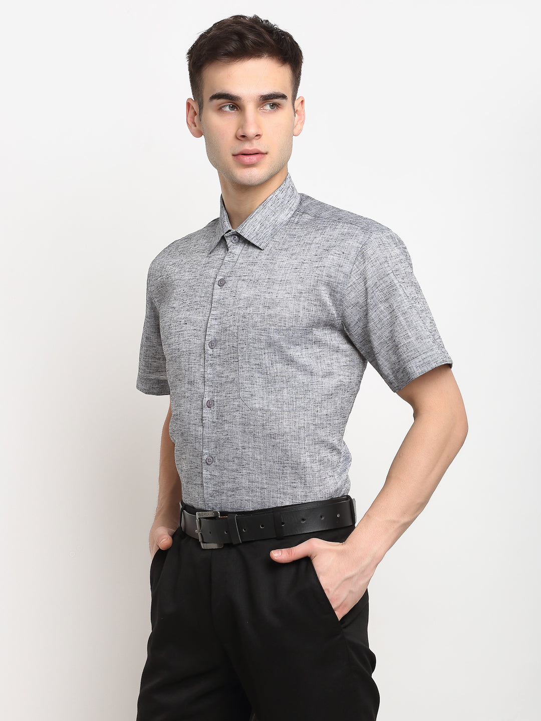 Jainish Grey Mens Solid Cotton Half Sleeves Formal Shirt