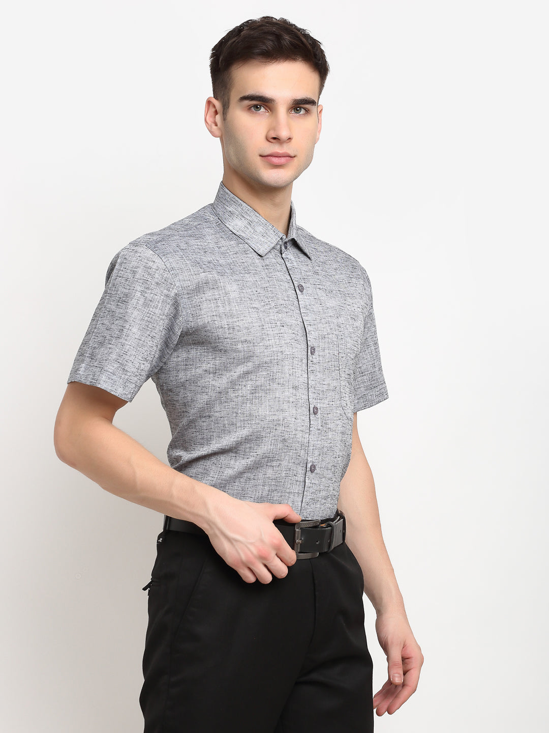 Jainish Grey Mens Solid Cotton Half Sleeves Formal Shirt