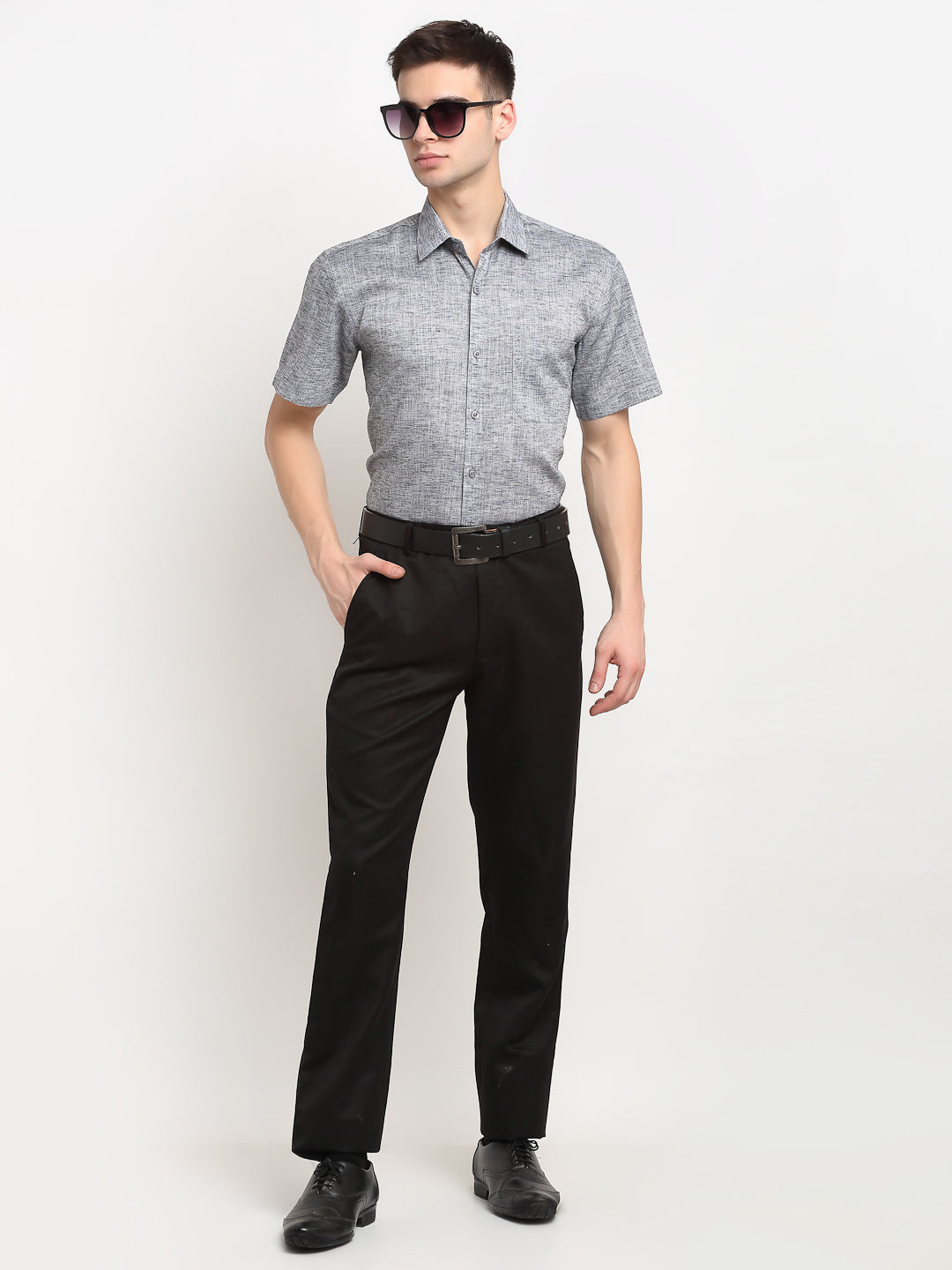 Jainish Grey Mens Solid Cotton Half Sleeves Formal Shirt