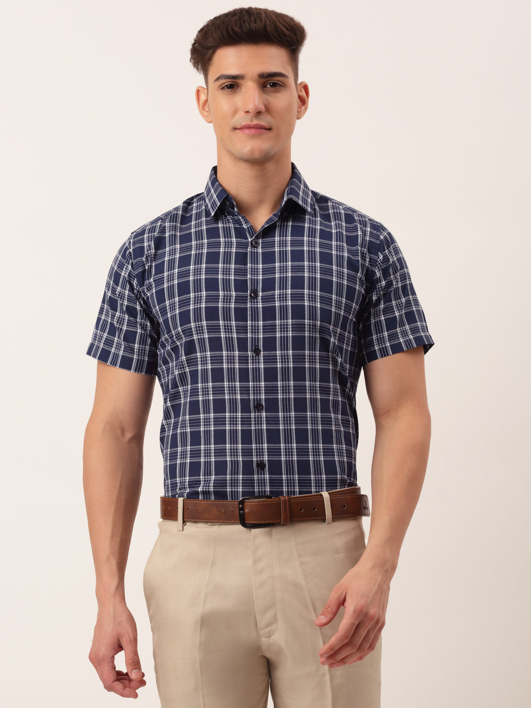 Jainish Mens Cotton Checked Half Sleeve Formal Shirts