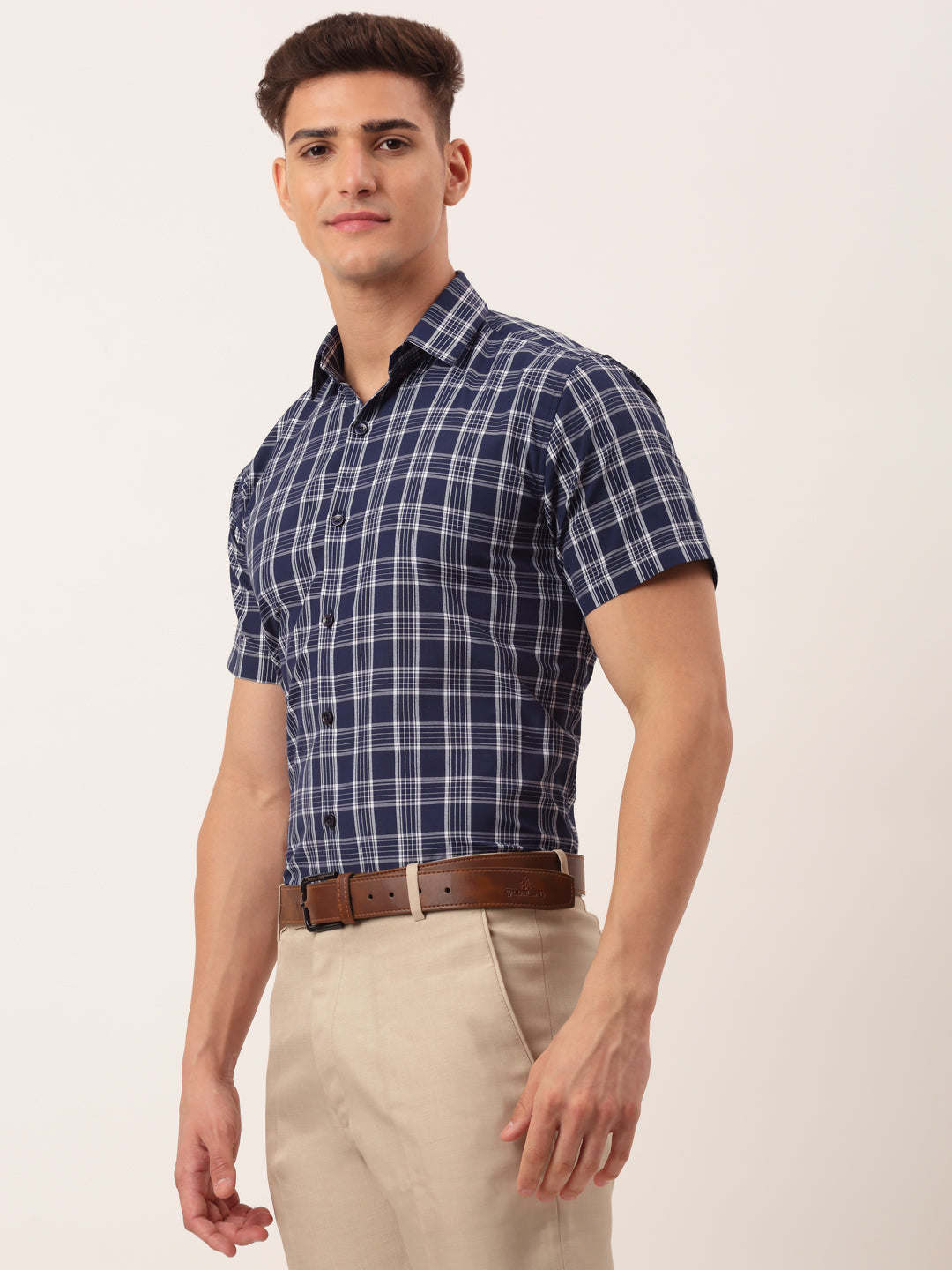 Jainish Mens Cotton Checked Half Sleeve Formal Shirts