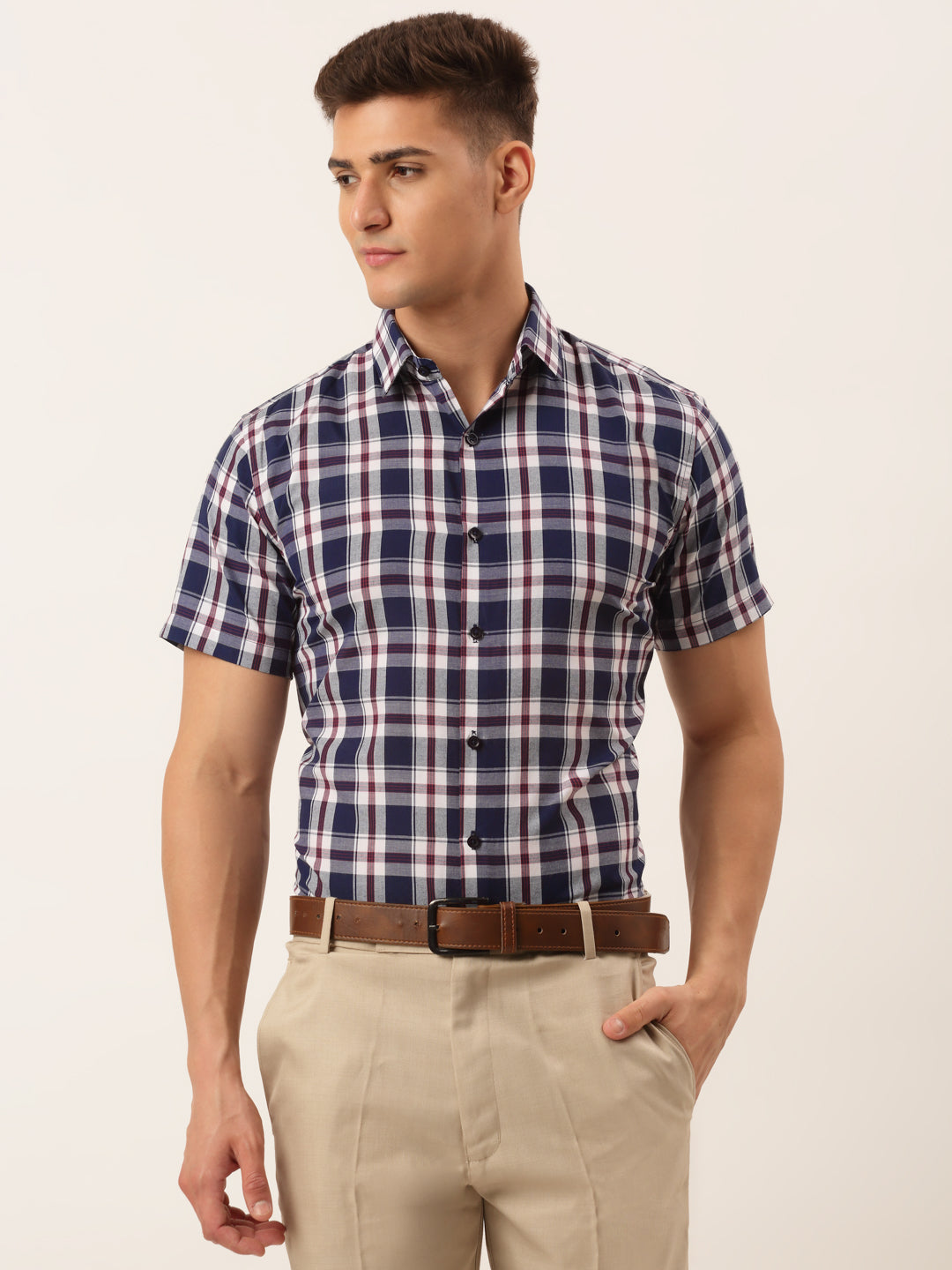 Jainish Mens Cotton Checked Half Sleeve Formal Shirts