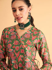 Women Green Floral Wrap Neck Anarkali Maxi Dress
